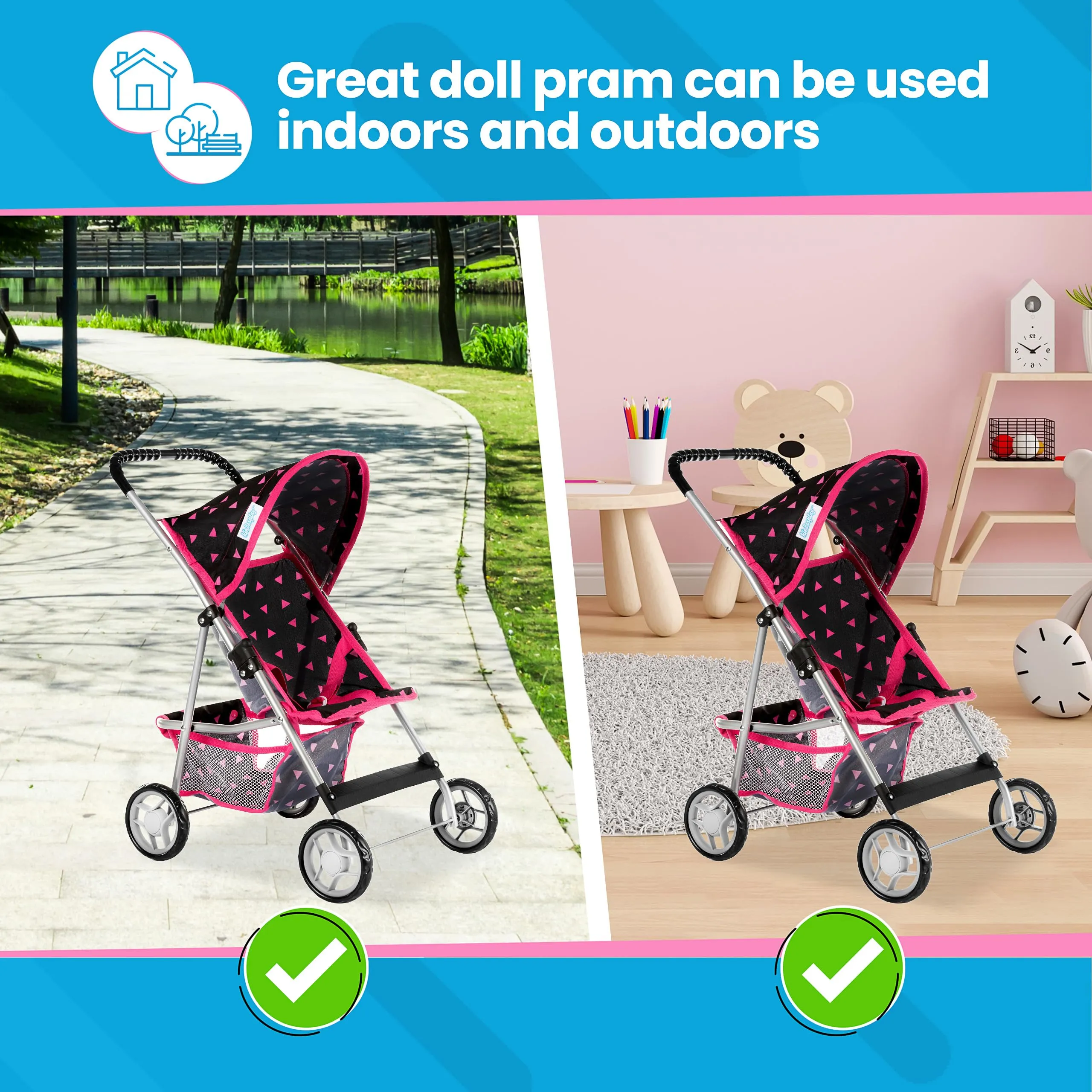 Kinderplay Baby Doll Stroller with Storage and Foldable Canopy (22.05-inch Handle)