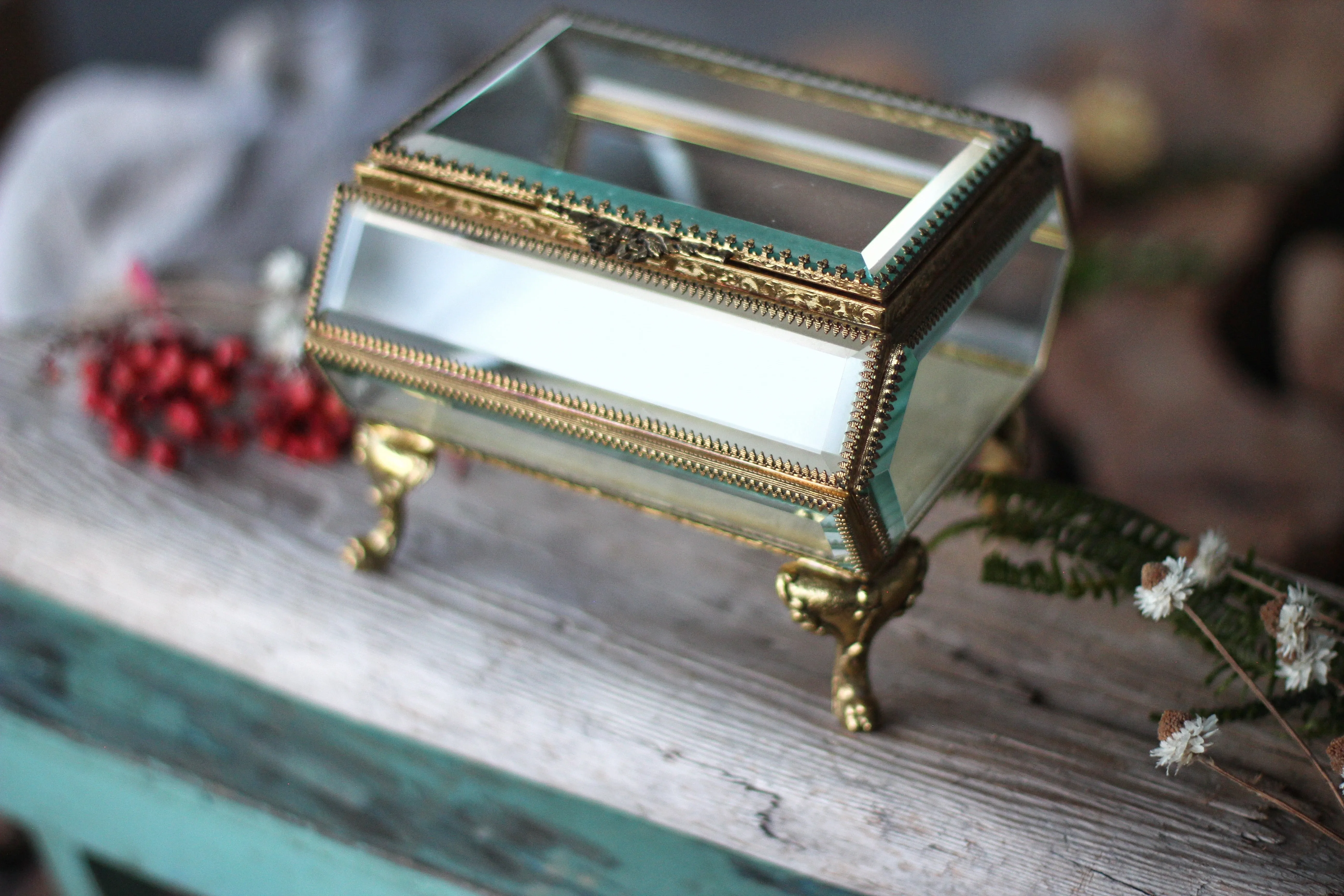 Large antique Beveled glass Jewelry Box