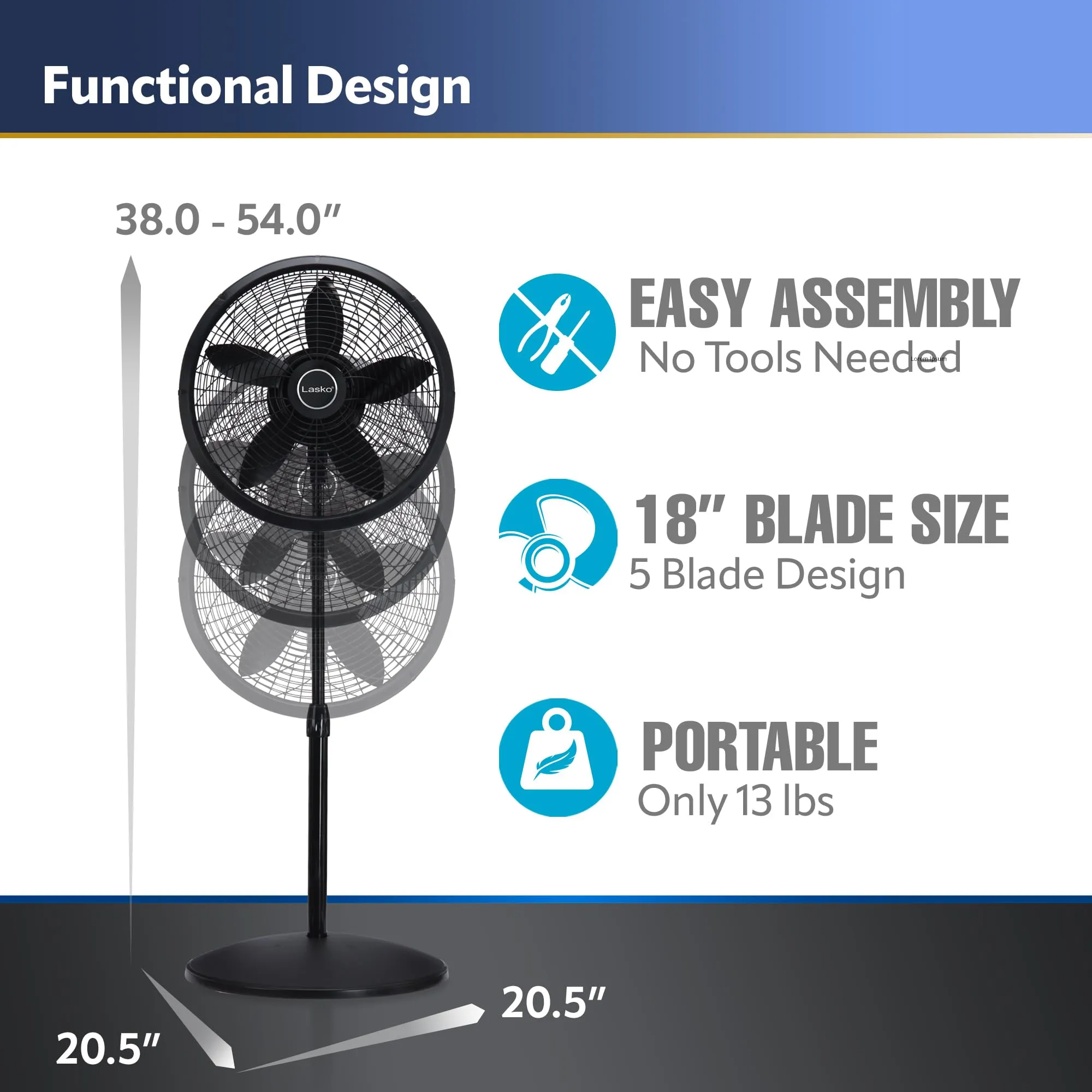 Lasko 18 Oscillating Pedestal Fan with Adjustable Height and 3 Speeds