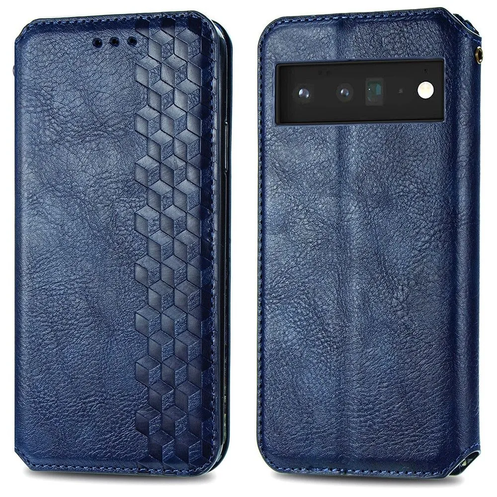 Leather case with a stylish rhombus imprint for Google Pixel 6 Pro - Blue