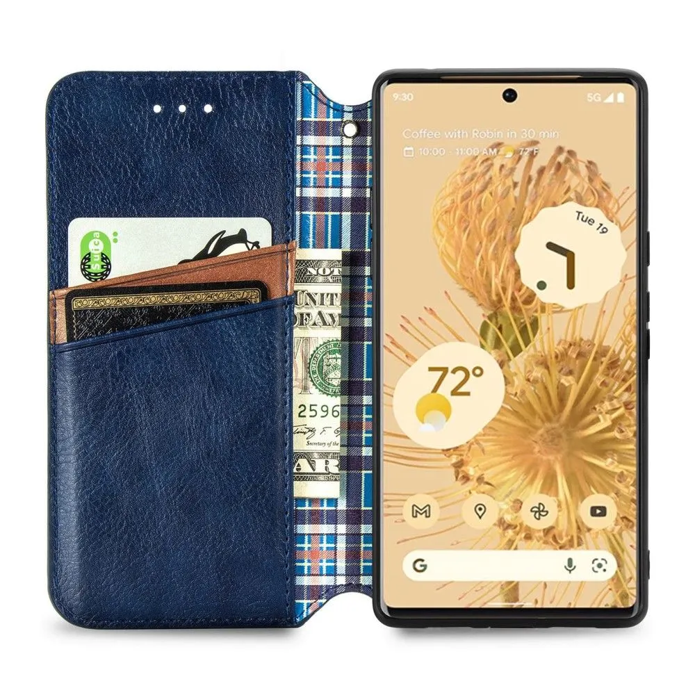 Leather case with a stylish rhombus imprint for Google Pixel 6 Pro - Blue