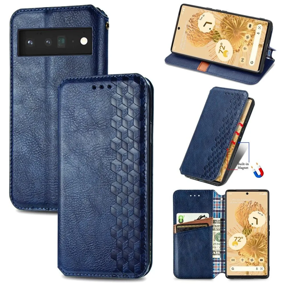 Leather case with a stylish rhombus imprint for Google Pixel 6 Pro - Blue