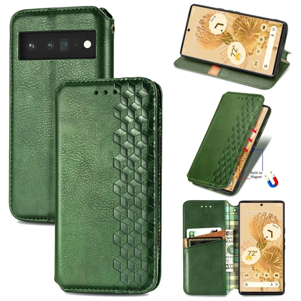 Leather case with a stylish rhombus imprint for Google Pixel 6 Pro - Green