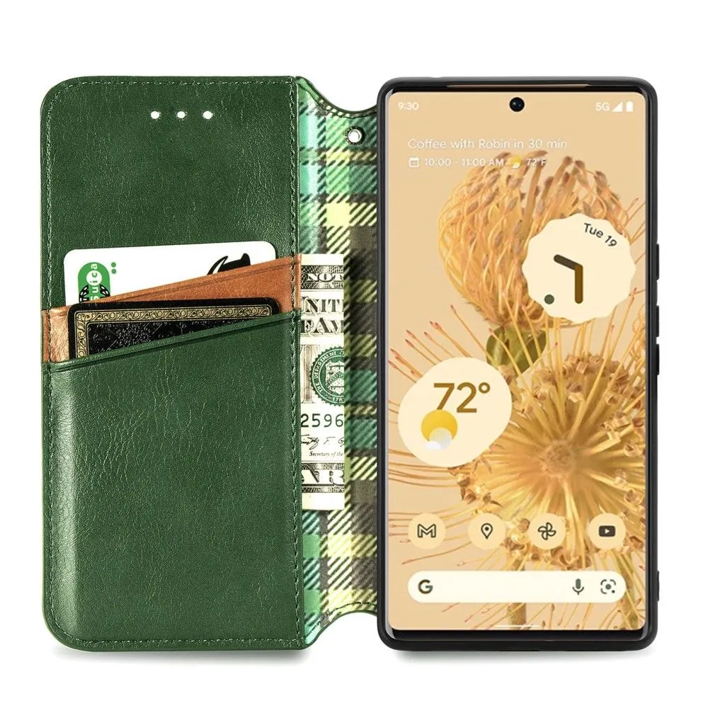 Leather case with a stylish rhombus imprint for Google Pixel 6 Pro - Green