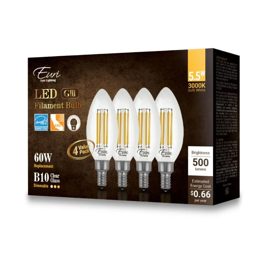 LED Filament Chandelier Bulb - 5.5 Watt - 500 Lumens - 3000K - 4 Pack