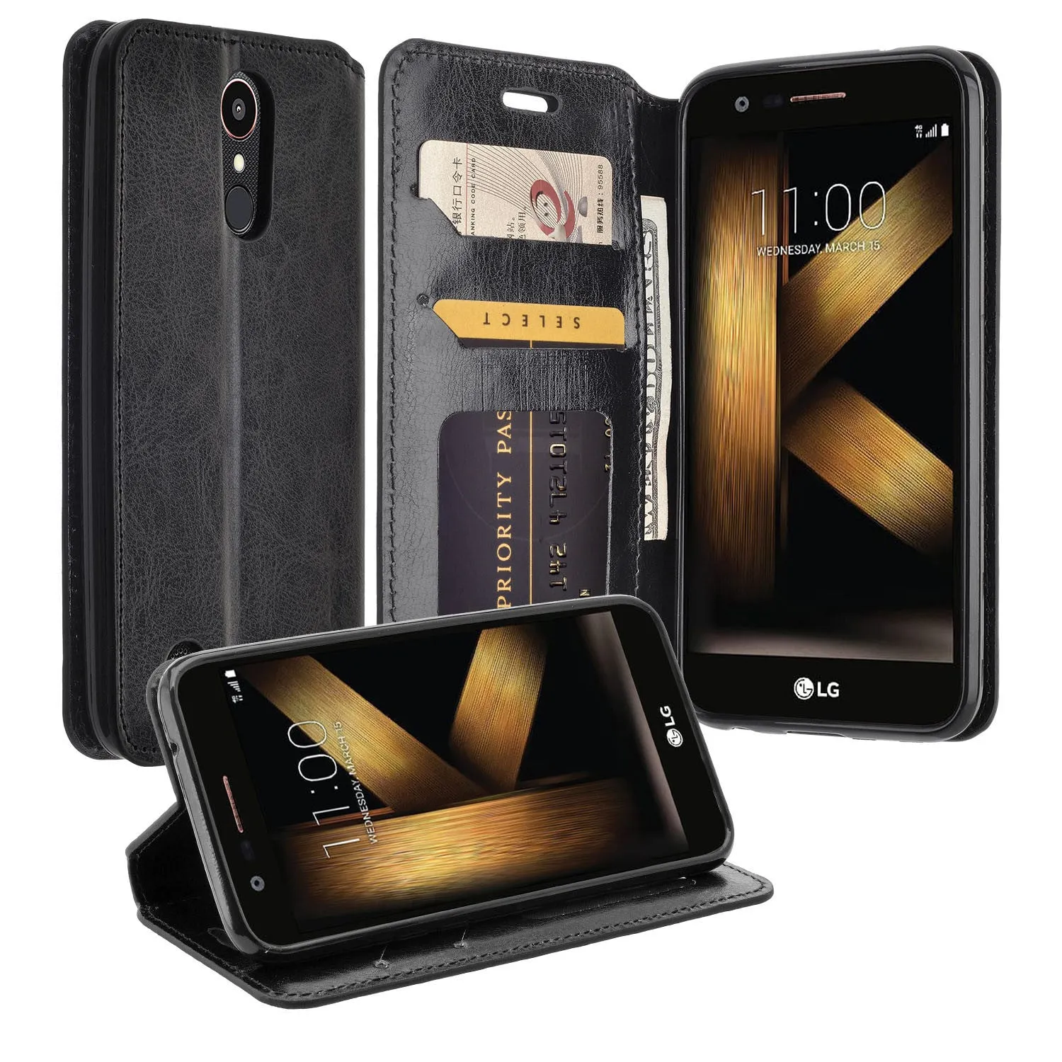 LG K10 (2018) Case, K30, Premier Pro, K10 Plus, Phoenix Plus, K10α, X4 Plus, X410, MS245, Slim Magnetic Flip Kickstand Leather Wallet Cover - Black