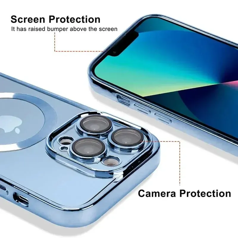 Magnetic Case For IPhone 13 14 11 12 15 Pro Max 15 Plus Clear Lens Protection For Magsafe Wireless Charging Plating Cases Cover