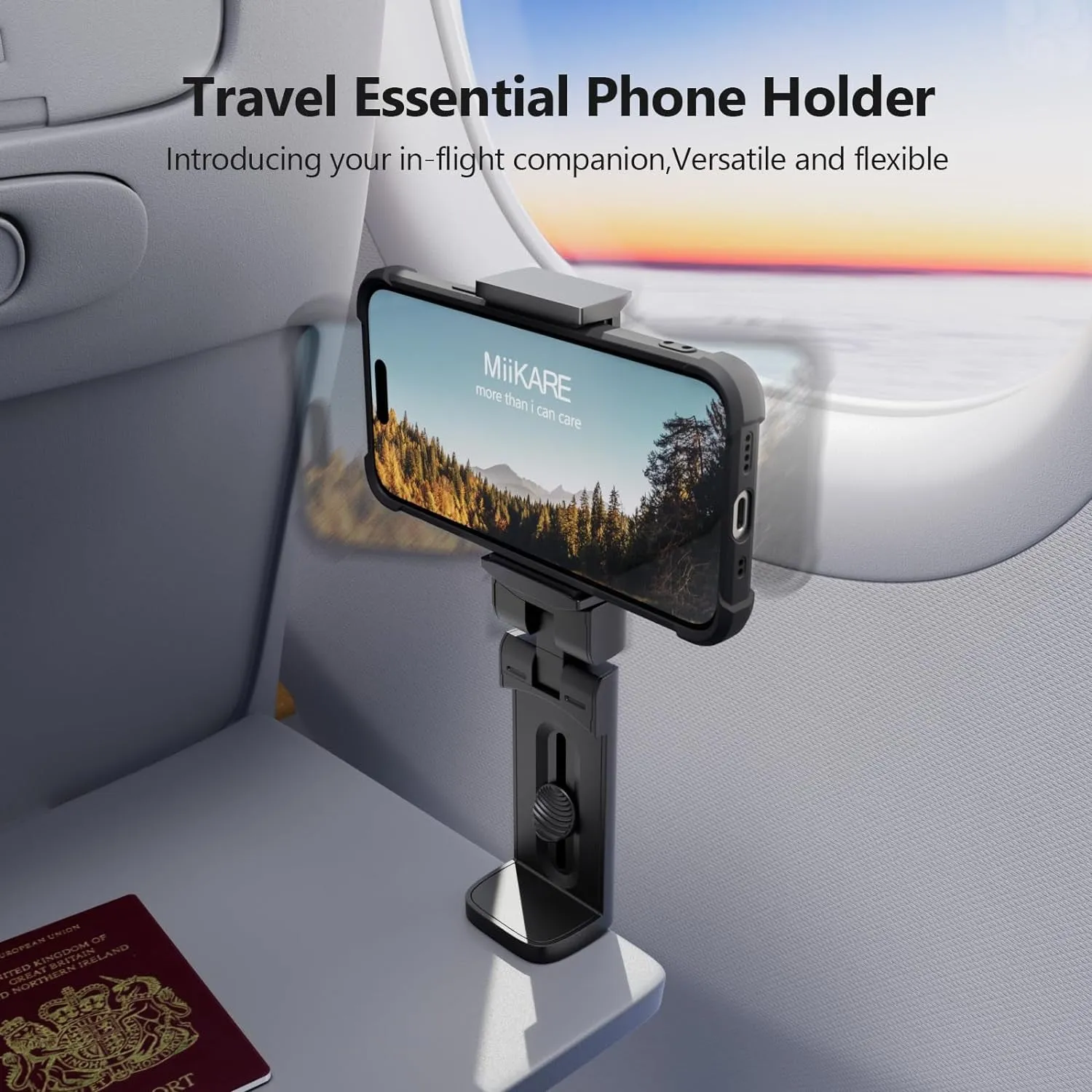 Miikare Airplane Travel Essentials Phone Holder, Universal Handsfree Phone Mount for Flying with 360 Degree Rotation, Accessory for Airplane, Travel Must Haves Phone Stand for Desk, Tray Table