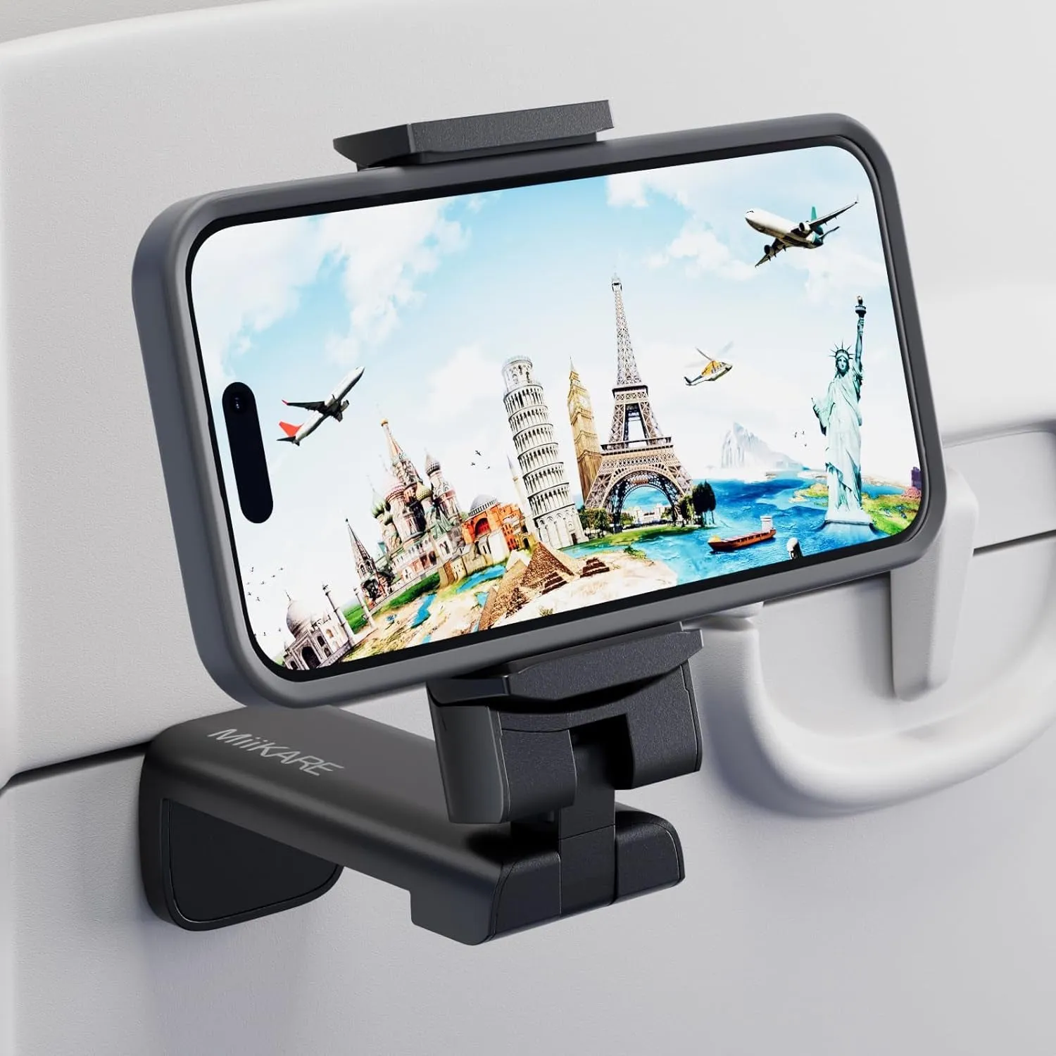 Miikare Airplane Travel Essentials Phone Holder, Universal Handsfree Phone Mount for Flying with 360 Degree Rotation, Accessory for Airplane, Travel Must Haves Phone Stand for Desk, Tray Table