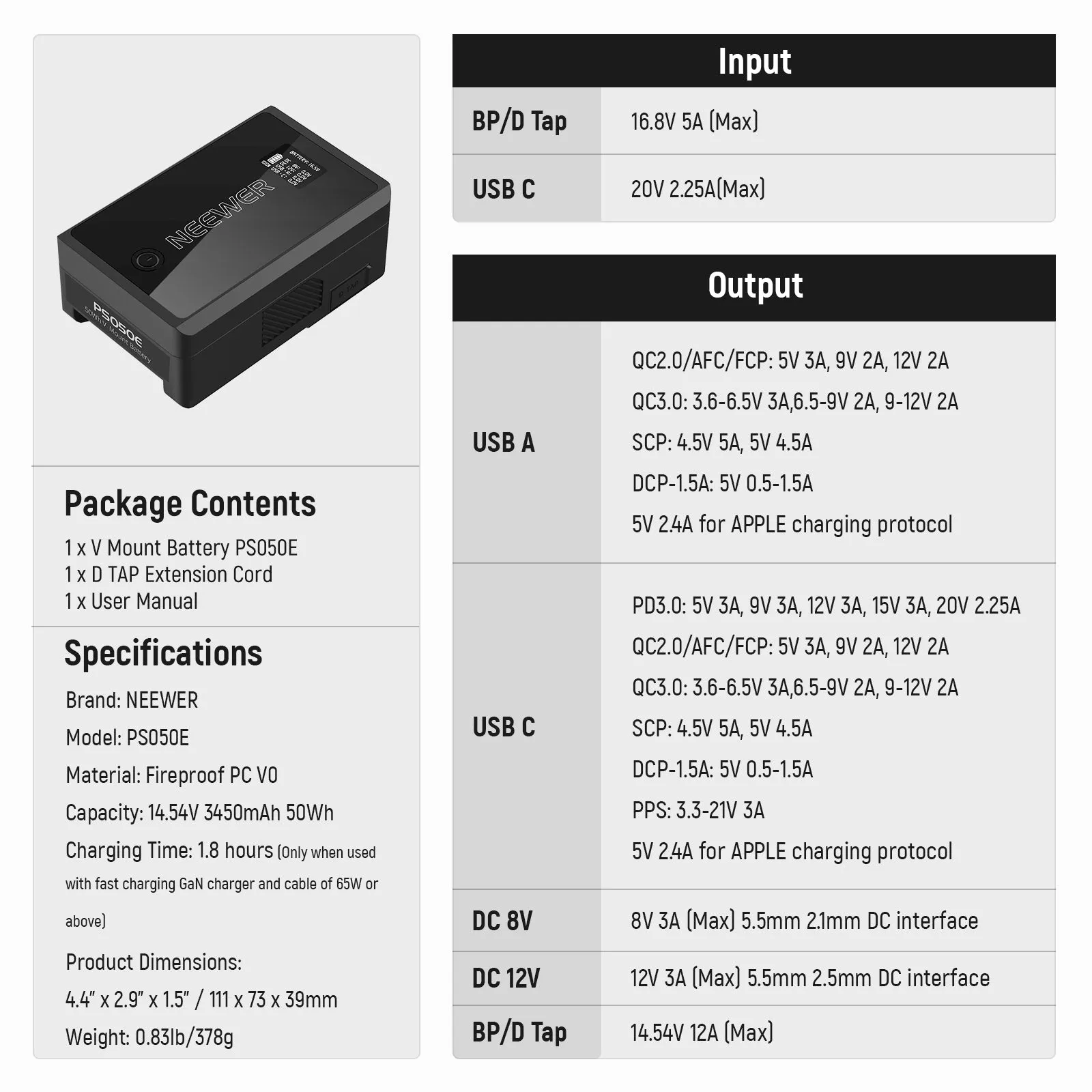 NEEWER PS050E 3450mAh 50Wh 14.54V V Mount Battery