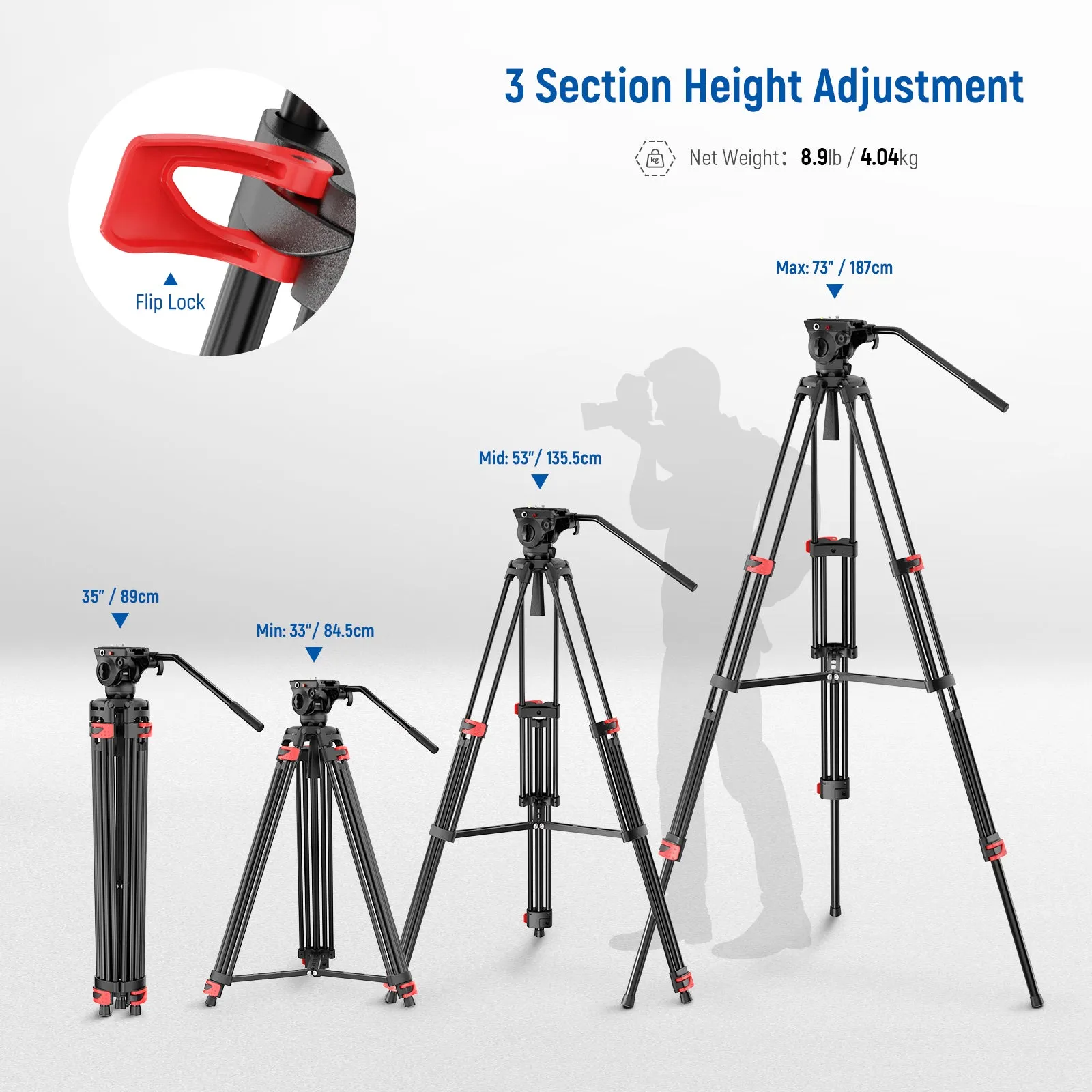 NEEWER TP37 74" Video Tripod for Camera with Fluid Head