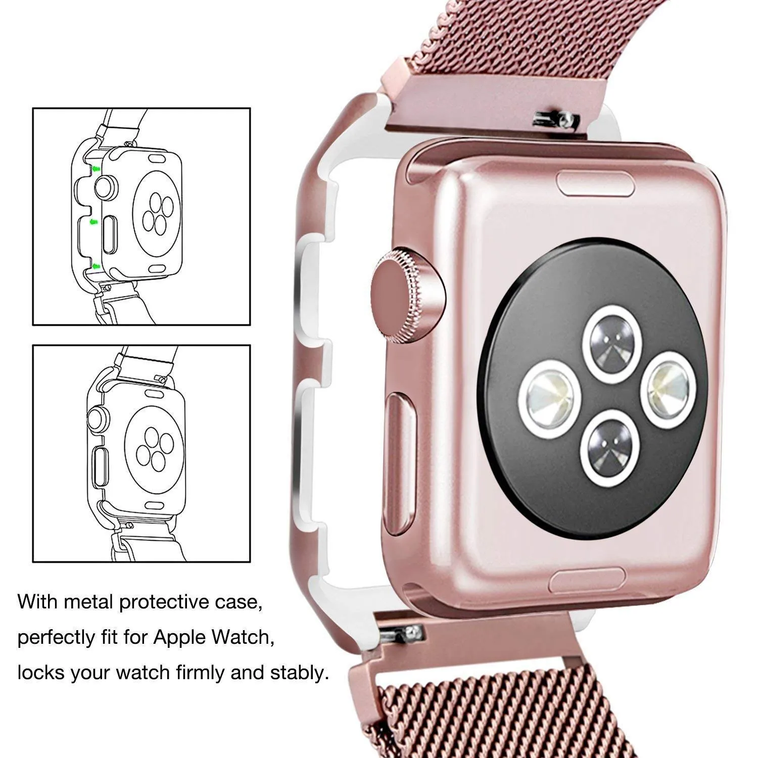 Noir Replacement Apple Watch Band with Case 38mm, Stainless Steel Mesh Milanese Loop with Adjustable Magnetic Closure for Apple Watch Series 3,2,1, Rose Gold