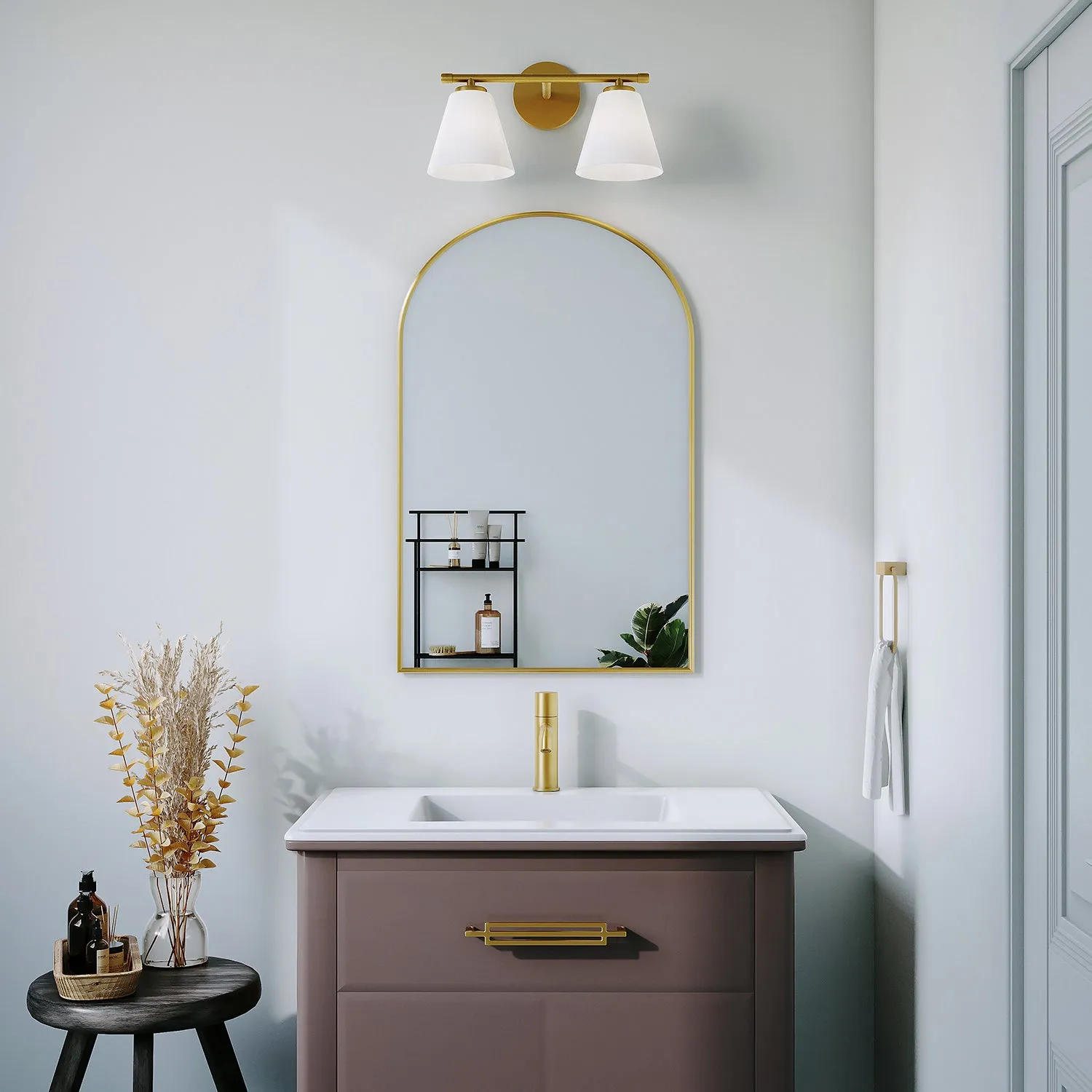 Open Box Carlisle 2 Light Vanity Wall Light, Brushed Brass with Opal Glass