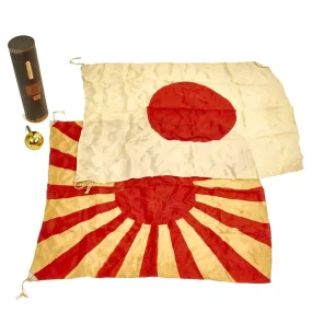 Original WWII Japanese Flag Set in Case with Pole Top: 27" x 31" Rising Sun Flag & 27" x 35" National Flag