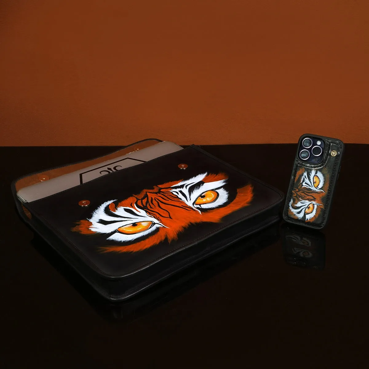 Personalized Combo of Laptop Sleeves & Mobile Cover with Hand-Painted Tiger Eyes