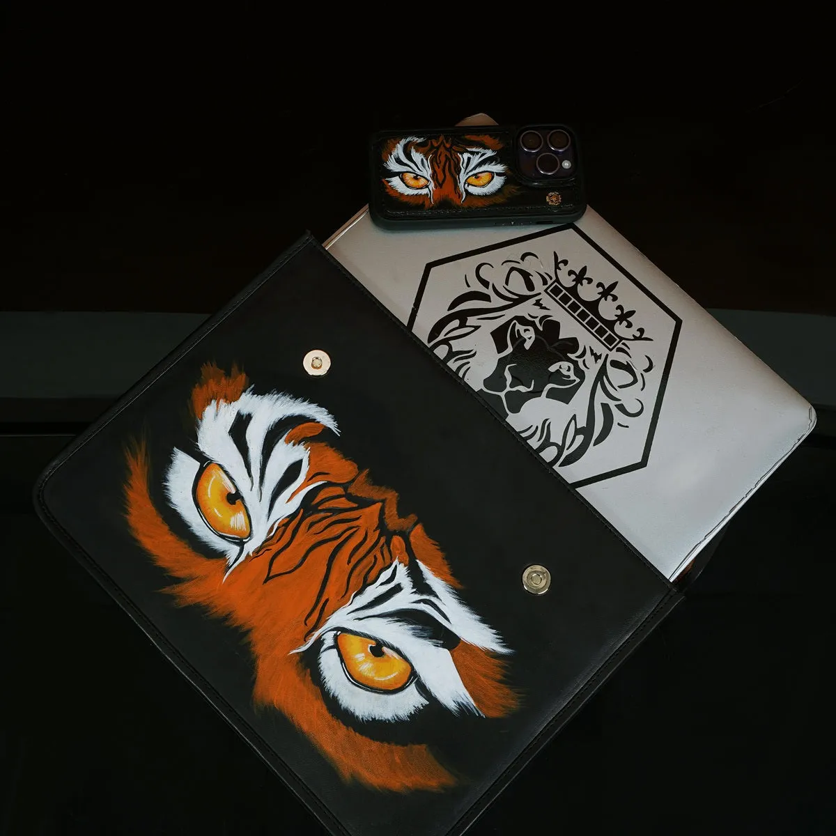 Personalized Combo of Laptop Sleeves & Mobile Cover with Hand-Painted Tiger Eyes