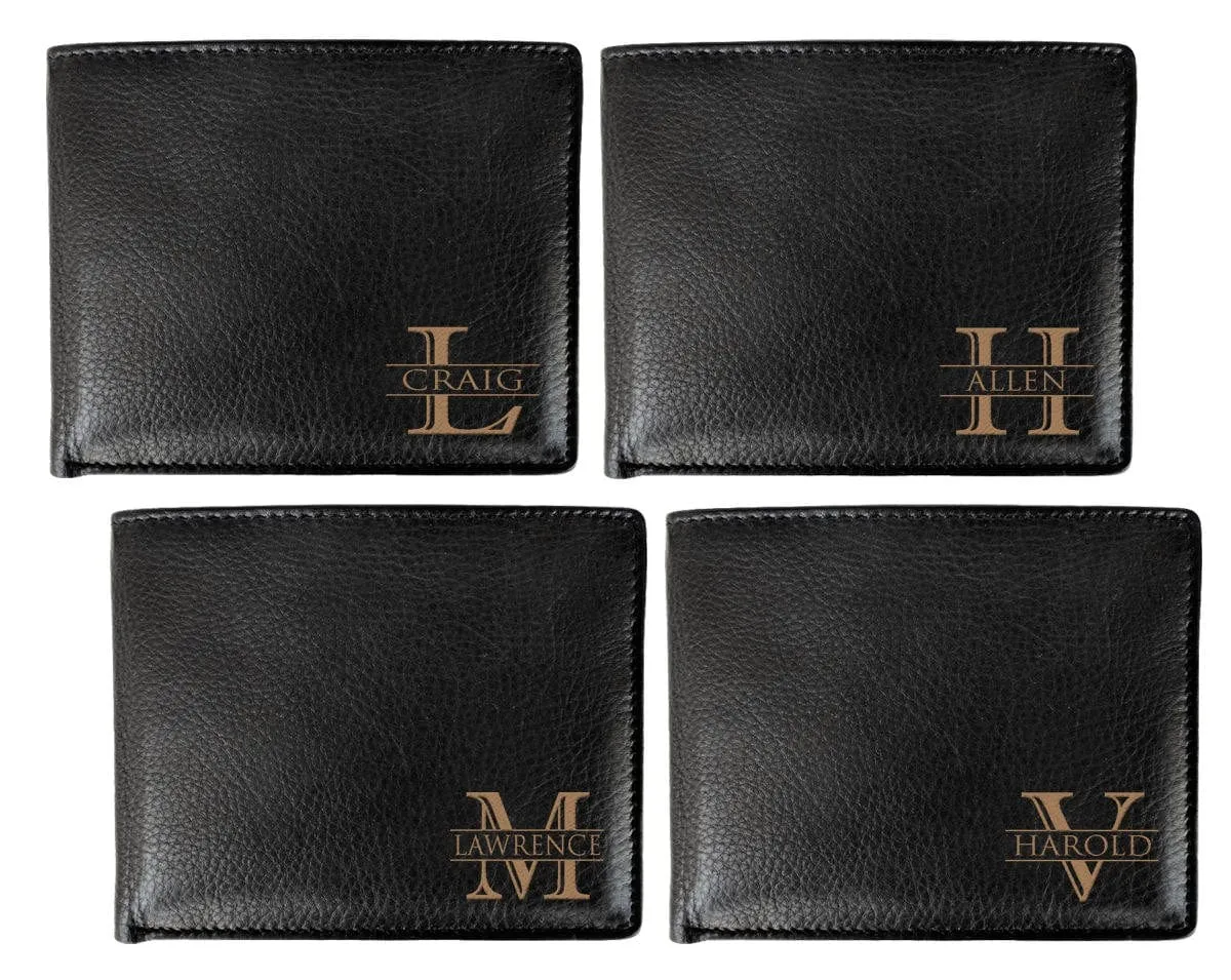 Personalized ONE Laser Engraved Initial Bifold Leather Wallet with RFID Blocking Monogram Custom Men's Black Wallet Gift for Man Groomsmen