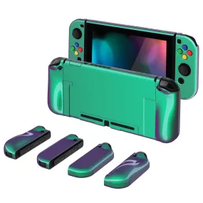 PlayVital AlterGrips Glossy Dockable Protective Case Ergonomic Grip Cover for Nintendo Switch, Interchangeable Joycon Cover w/Screen Protector & Thumb Grip Caps & Button Caps - Chameleon Green Purple - TNSYP3002