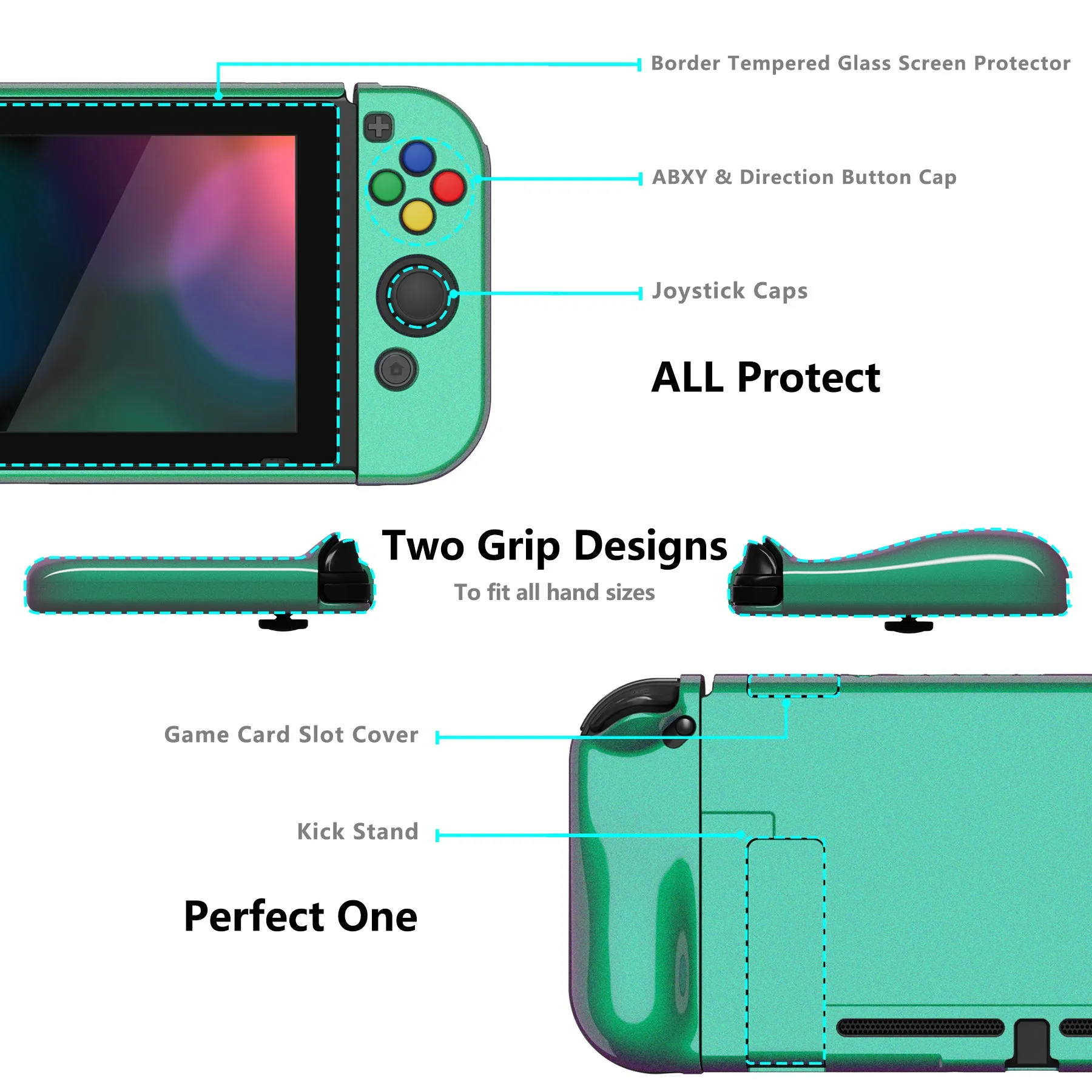 PlayVital AlterGrips Glossy Dockable Protective Case Ergonomic Grip Cover for Nintendo Switch, Interchangeable Joycon Cover w/Screen Protector & Thumb Grip Caps & Button Caps - Chameleon Green Purple - TNSYP3002