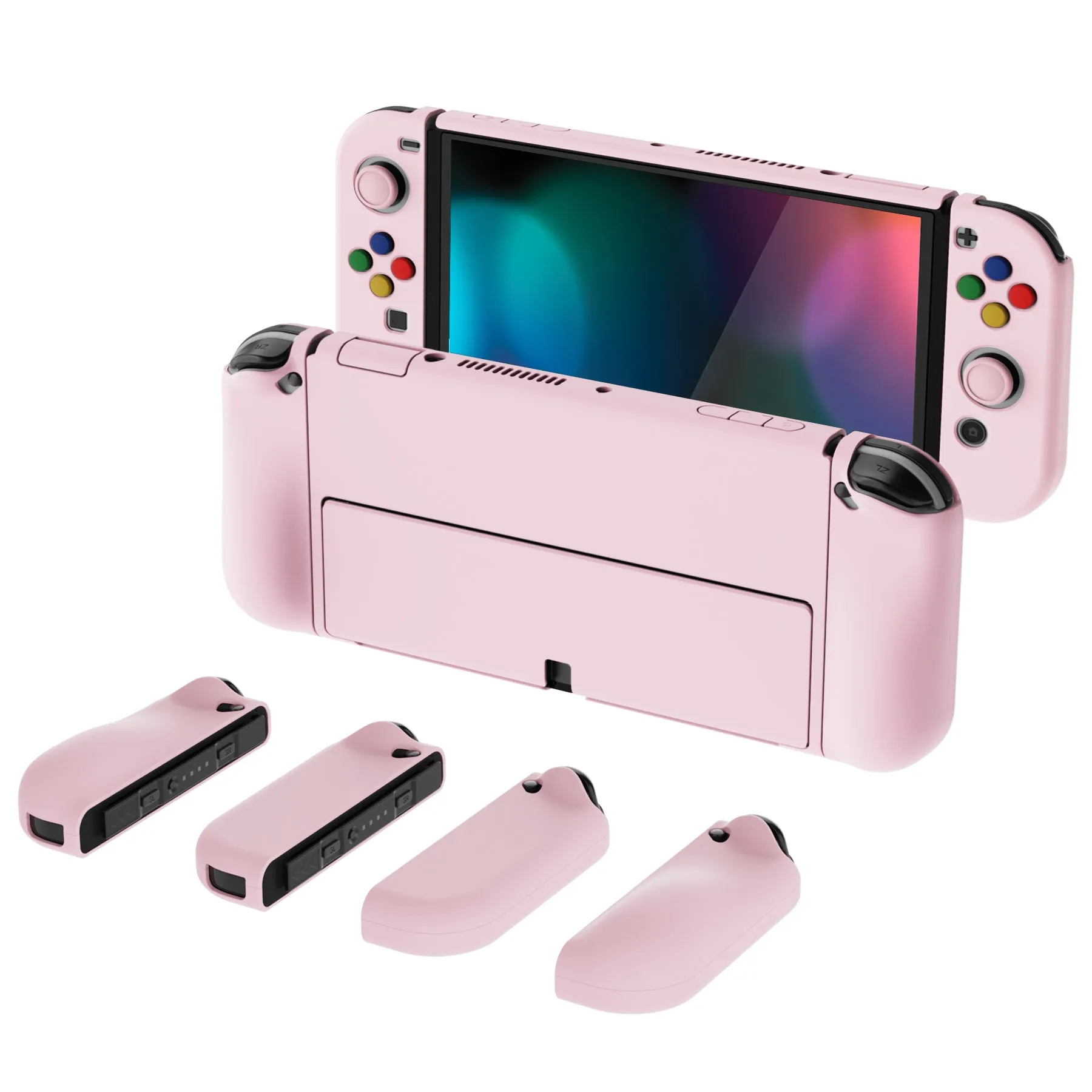 PlayVital AlterGrips Protective Slim Case for Nintendo Switch OLED, Ergonomic Grip Cover for Joycon, Dockable Hard Shell for Switch OLED with Thumb Grip Caps & Button Caps - Cherry Blossoms Pink - JSOYP3007