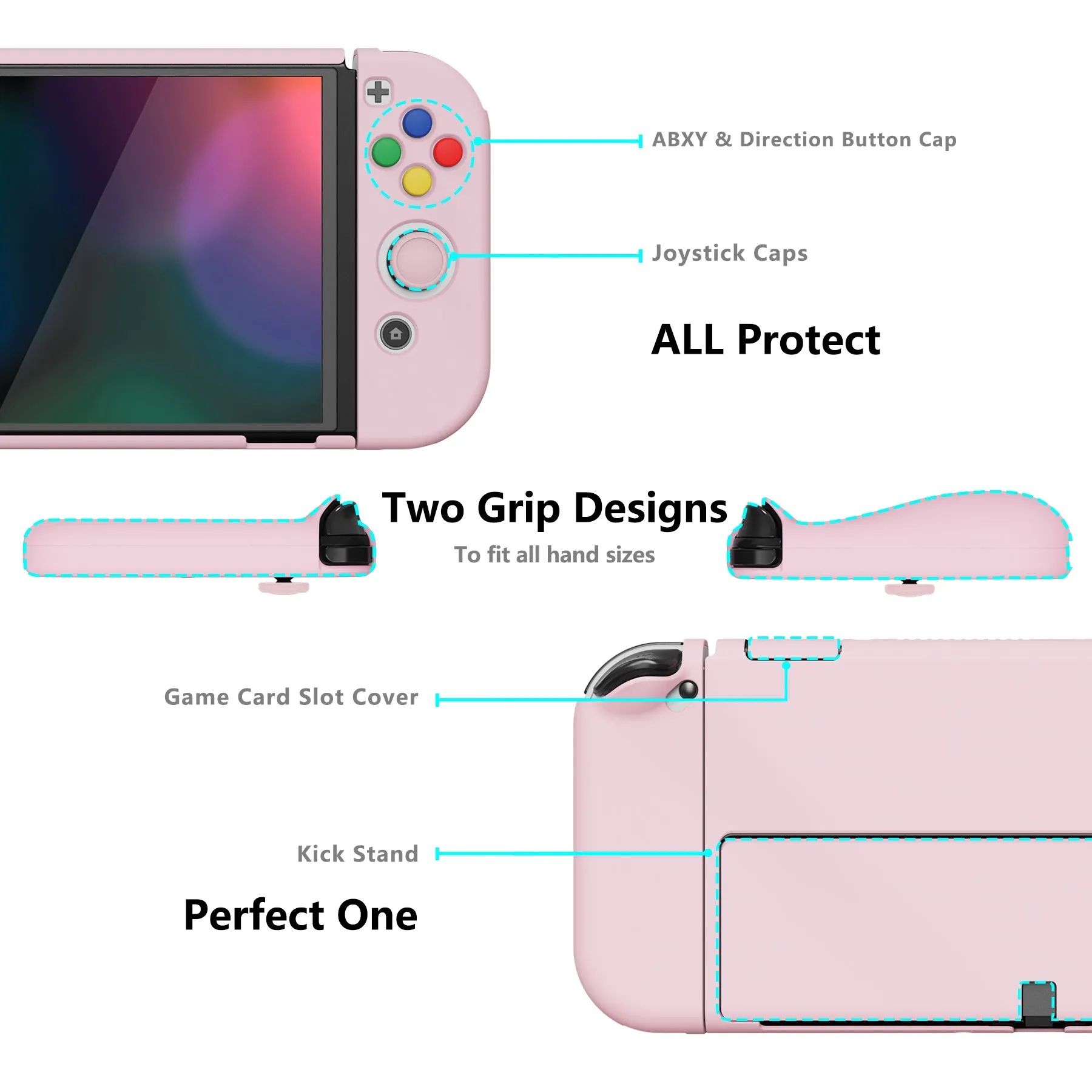 PlayVital AlterGrips Protective Slim Case for Nintendo Switch OLED, Ergonomic Grip Cover for Joycon, Dockable Hard Shell for Switch OLED with Thumb Grip Caps & Button Caps - Cherry Blossoms Pink - JSOYP3007