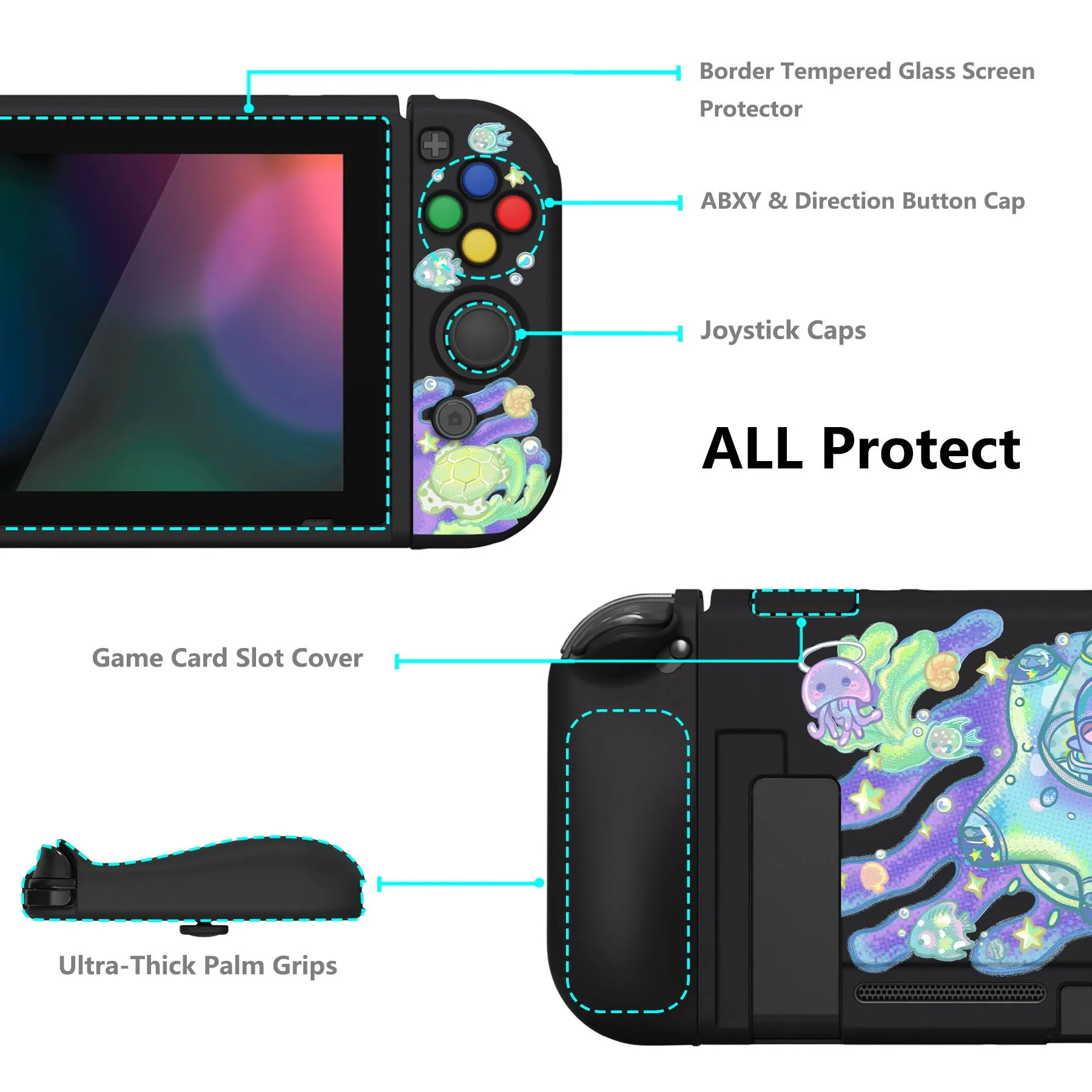 PlayVital ZealProtect Soft Protective Case for Nintendo Switch, Flexible Cover for Switch with Tempered Glass Screen Protector & Thumb Grips & ABXY Direction Button Caps - Shark Quest - RNSYV6039