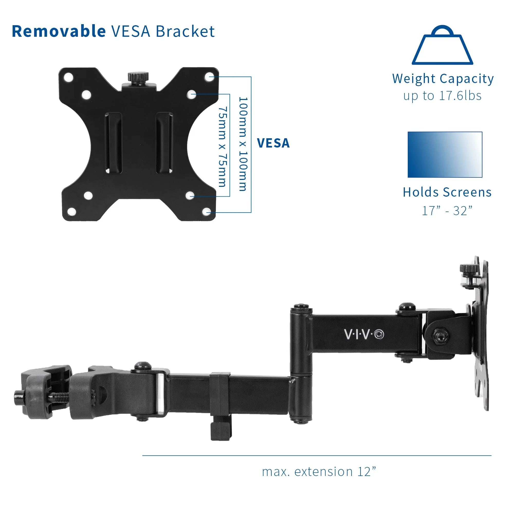 Pole Mount Monitor Arm for VESA 75x75mm and 100x100mm