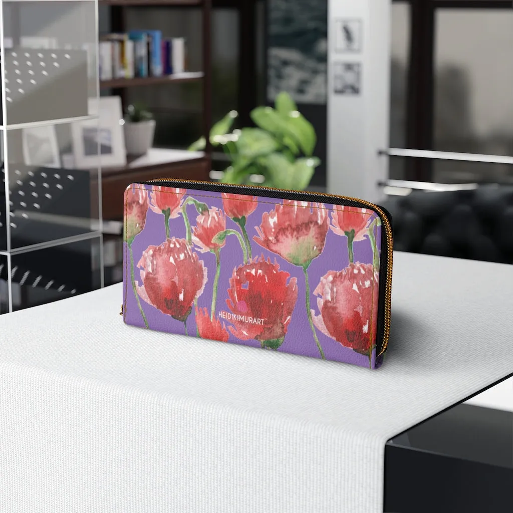 Purple Red Tulips Zipper Wallet, Red Tulips Flower Print Best Long Compact Wallet For Women