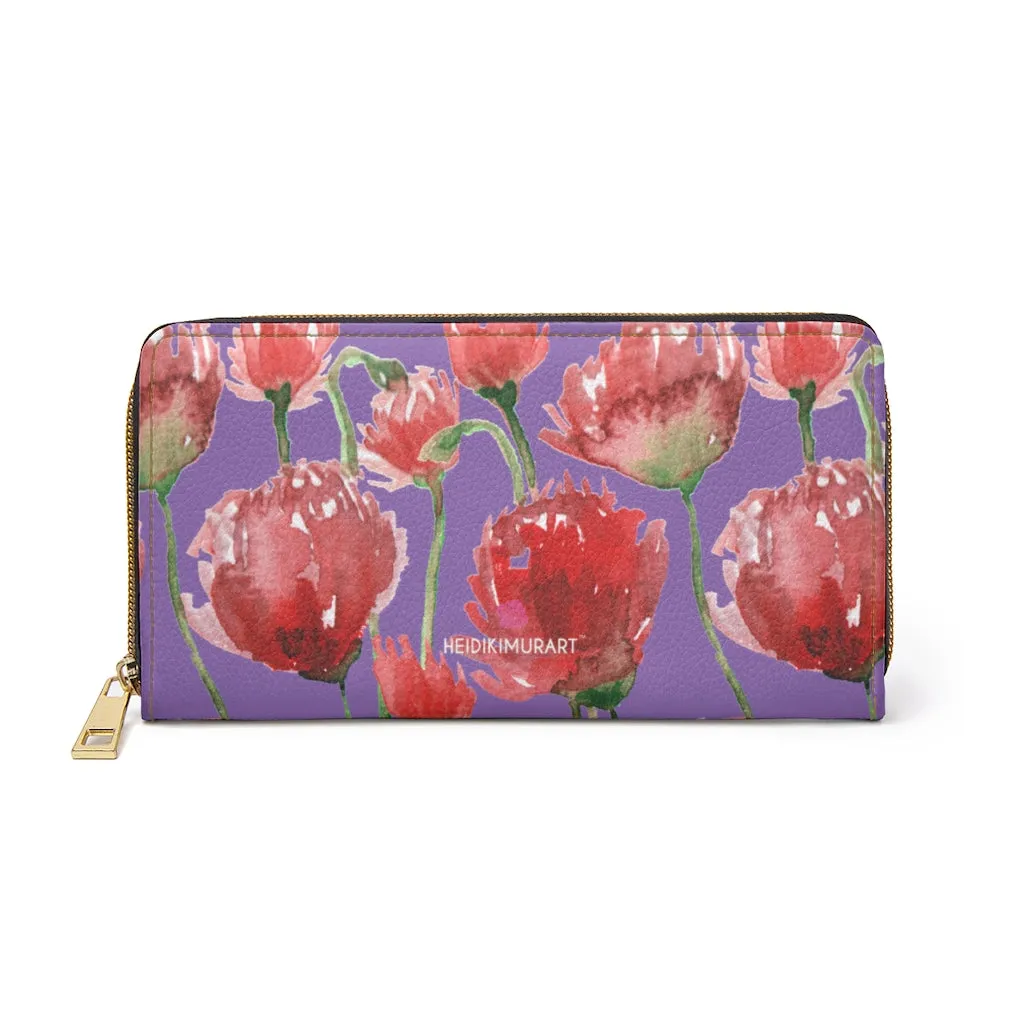 Purple Red Tulips Zipper Wallet, Red Tulips Flower Print Best Long Compact Wallet For Women