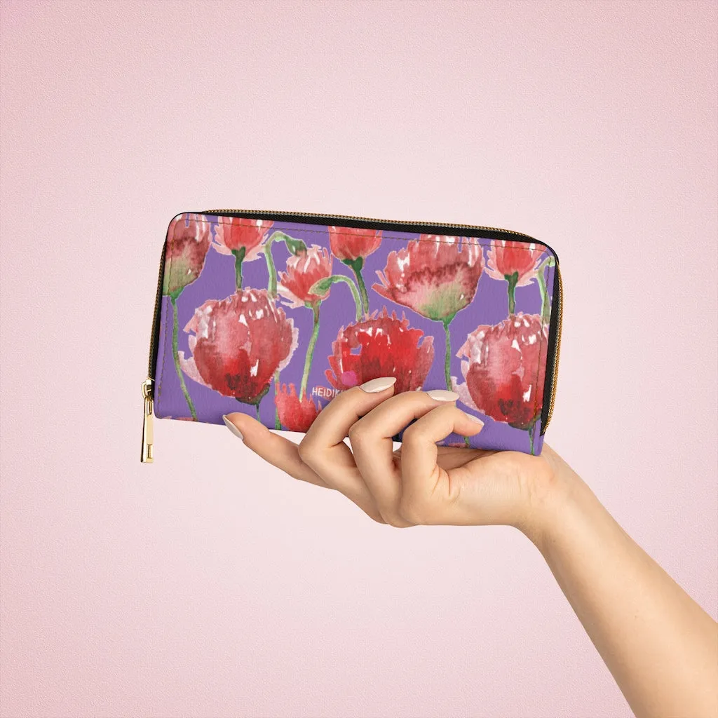 Purple Red Tulips Zipper Wallet, Red Tulips Flower Print Best Long Compact Wallet For Women