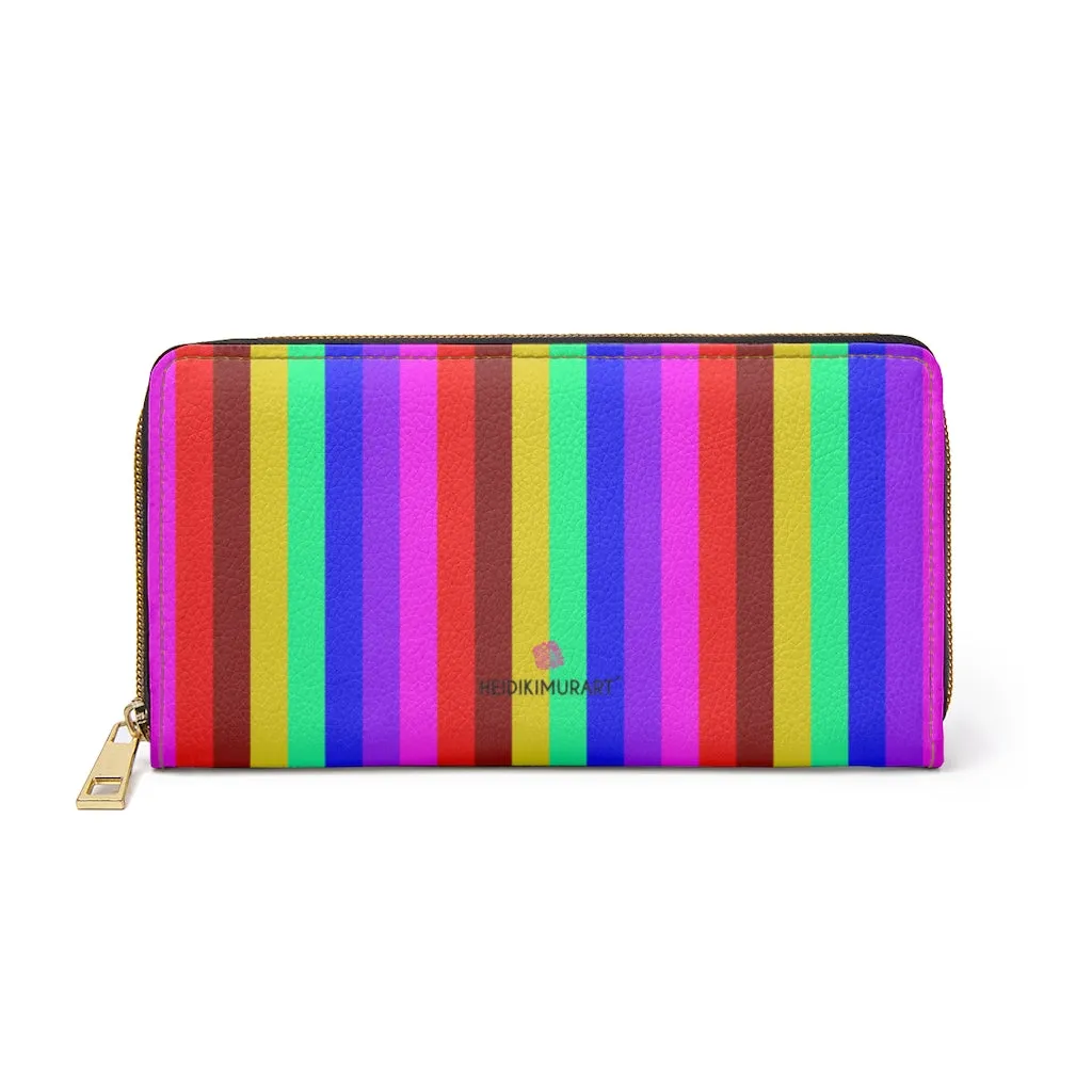 Rainbow Gay Pride Zipped Wallet, Vertical Stripes Long Compact Designer Premium Quality Women's Wallet