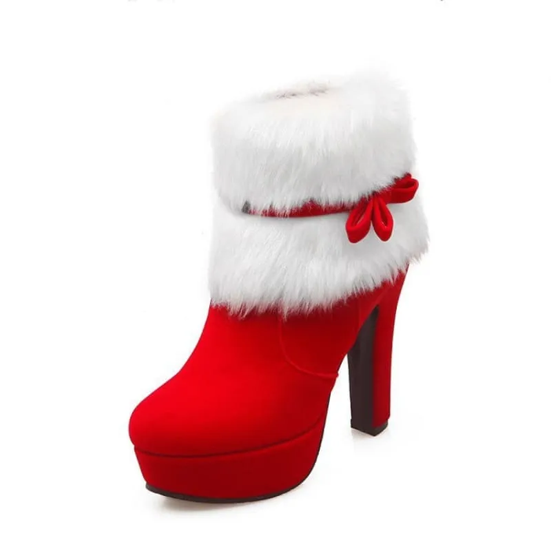 Red and White Plush Winter Christmas Heel Party Booties