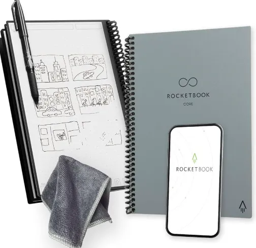 Rocketbook Core Reusable Spiral Notebook, Executive Size 6x8.8, Gray - Dotted Pages, App-Connected, Erasable, Durable Cover, Ideal for School, Work, and Creative Projects