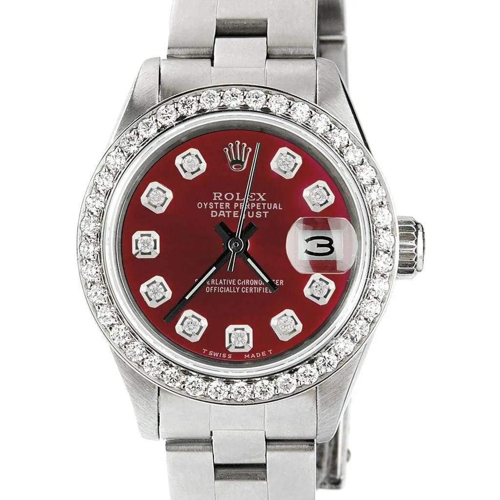 Rolex Datejust Ladies 26mm Diamond Bezel/Ruby Red Dial Oyster Steel Watch TFJ-142508040