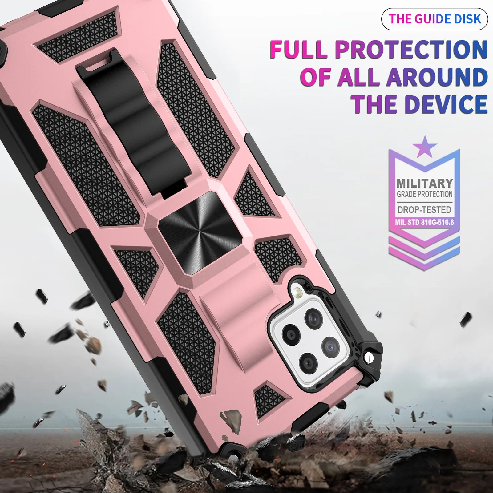 Samsung Galaxy A12 Case [Military Grade] Ring Car Mount Kickstand Hybrid Hard PC Soft TPU Shockproof Protective Case - Rose Gold