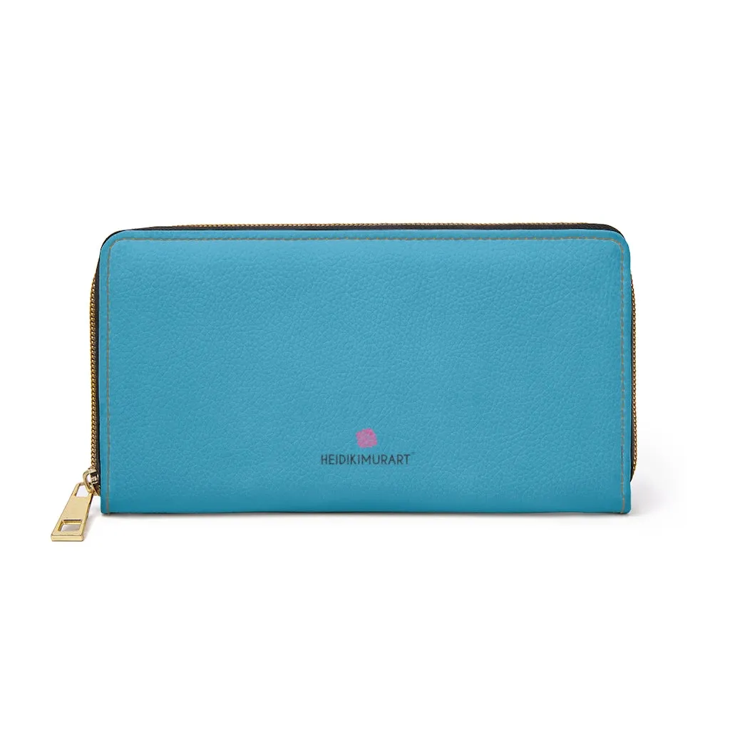 Sky Blue Color Zipper Wallet, Solid Blue Color Long Compact Designer Premium Quality Women's Wallet