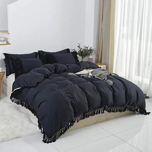 Softta Black Bedding King 3 Pcs Bohemian Style Modern Bedding Girls Bedding Fringed Tassel and Ruffle 100% Pure Cotton