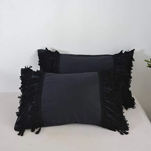 Softta Black Bedding King 3 Pcs Bohemian Style Modern Bedding Girls Bedding Fringed Tassel and Ruffle 100% Pure Cotton