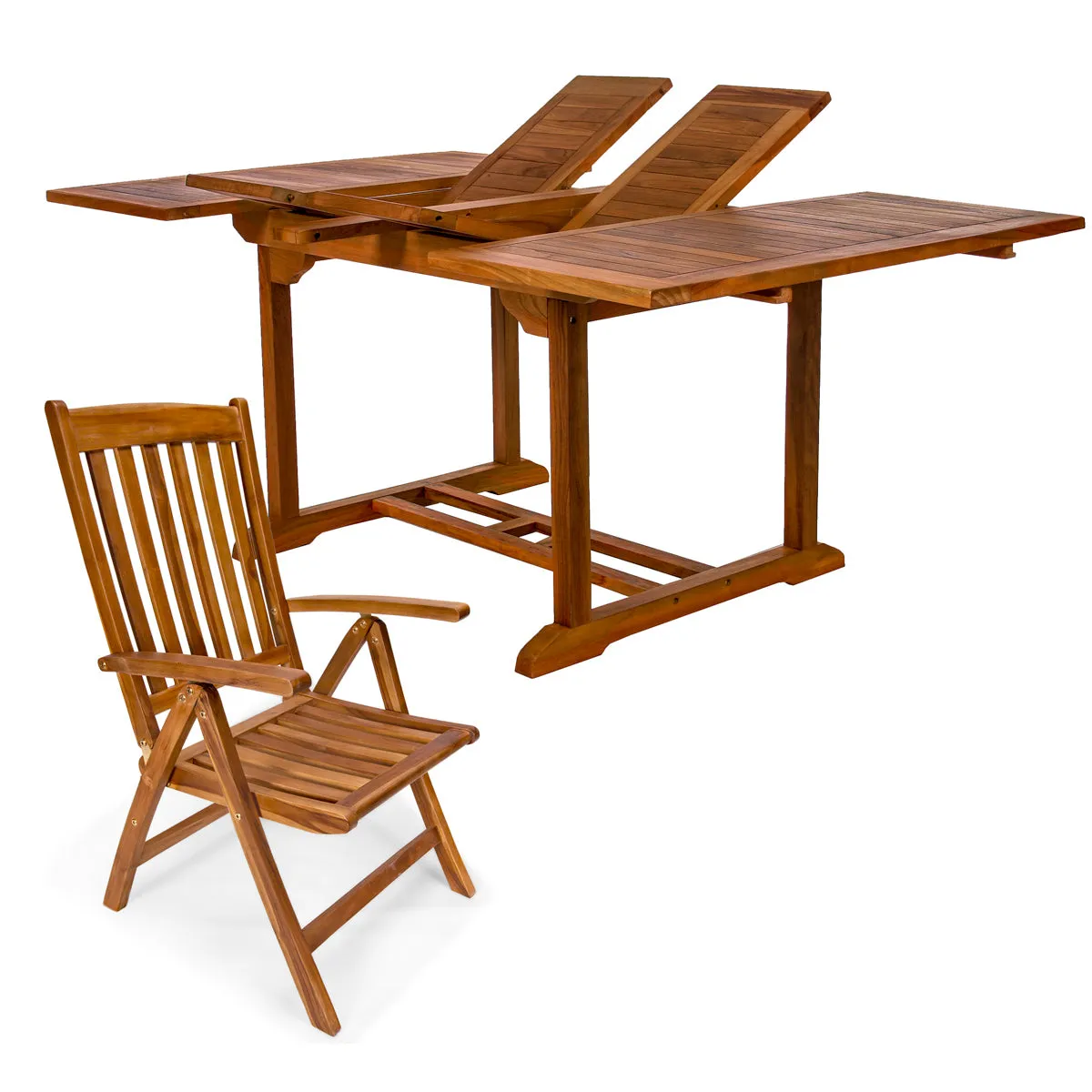 Teak 5-Piece Butterfly Dining Set, Table Extends 50"/75", Seats 6-8 People, Includes Folding Chairs