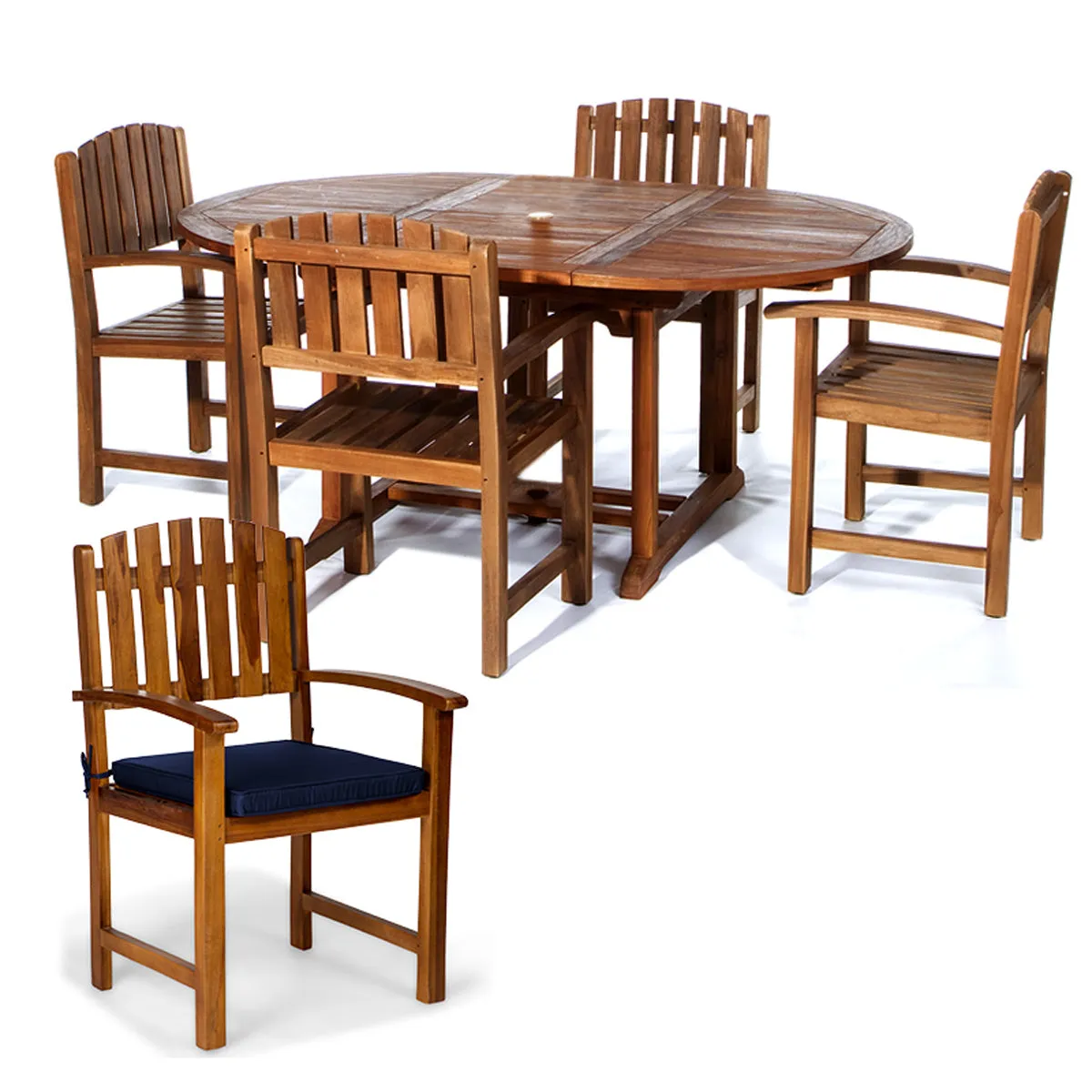 Teak 5-Piece Oval Butterfly Dining Set, Table Extends 48"/72", Seats 6-8 People, Includes Dining Chairs.