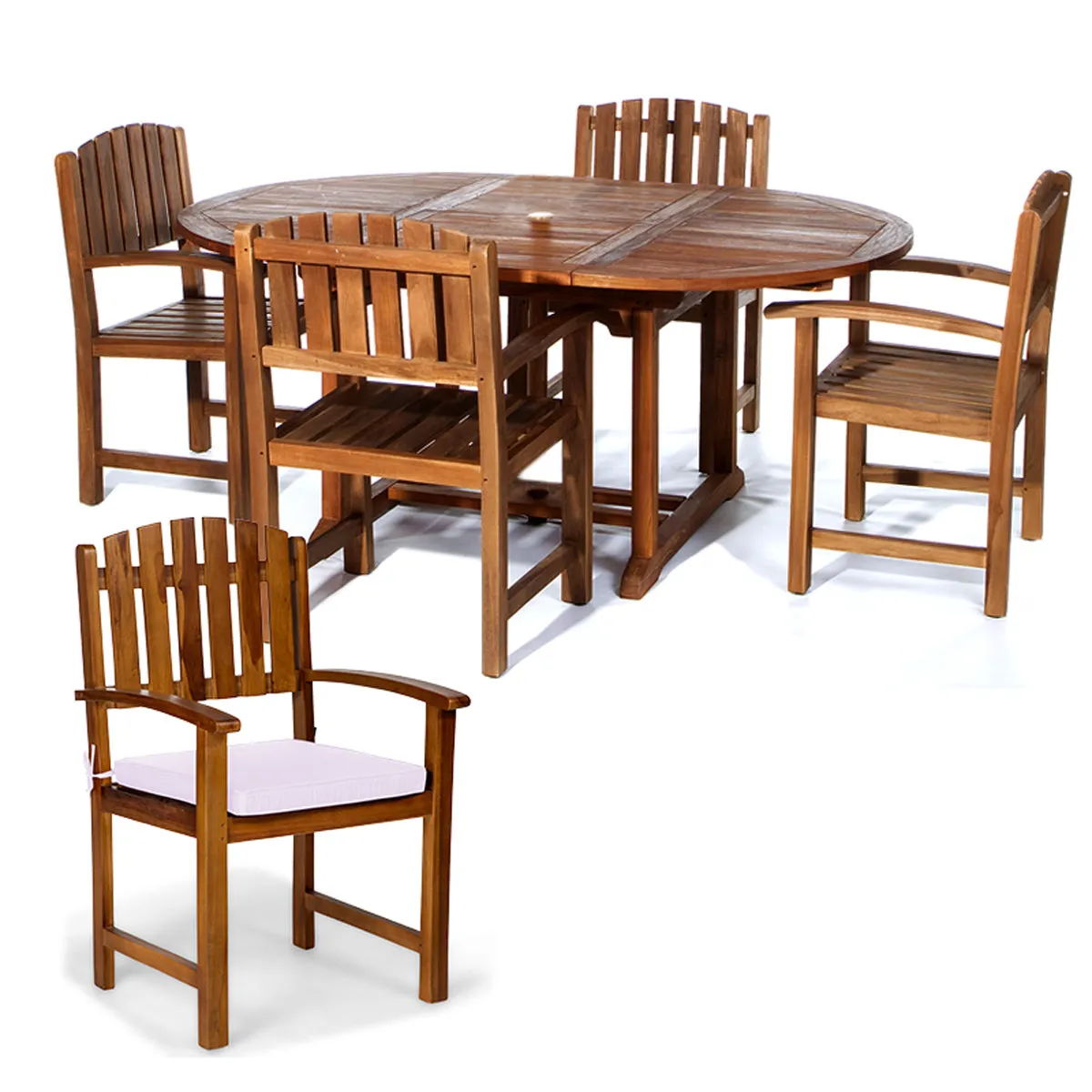 Teak 5-Piece Oval Butterfly Dining Set, Table Extends 48"/72", Seats 6-8 People, Includes Dining Chairs.