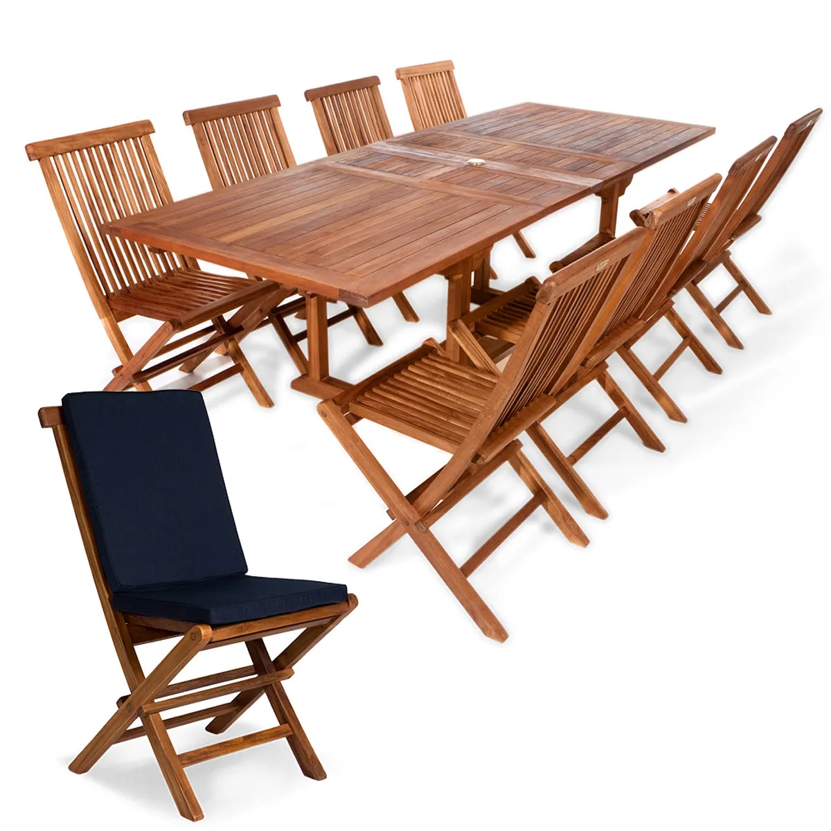 Teak 9-Piece Butterfly Dining Set, Table Extends 72", 83" & 95", Seats 8/10 People, Includes Folding Chairs.