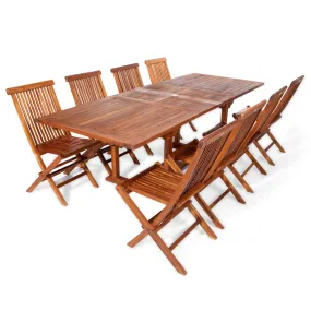 Teak 9-Piece Butterfly Dining Set, Table Extends 72", 83" & 95", Seats 8/10 People, Includes Folding Chairs.