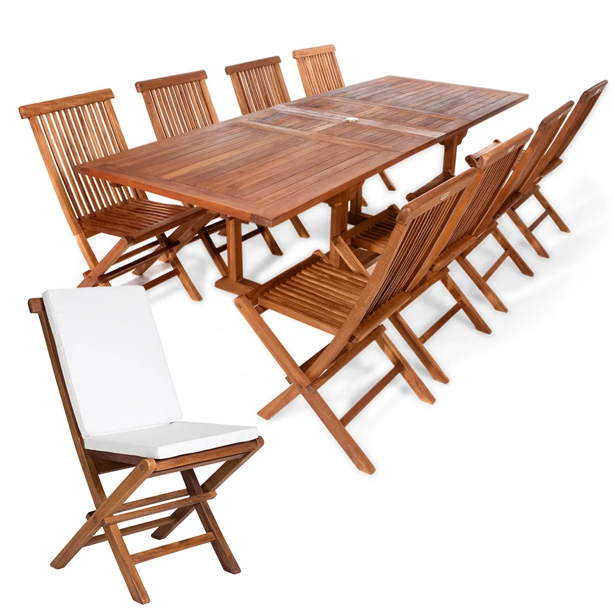 Teak 9-Piece Butterfly Dining Set, Table Extends 72", 83" & 95", Seats 8/10 People, Includes Folding Chairs.