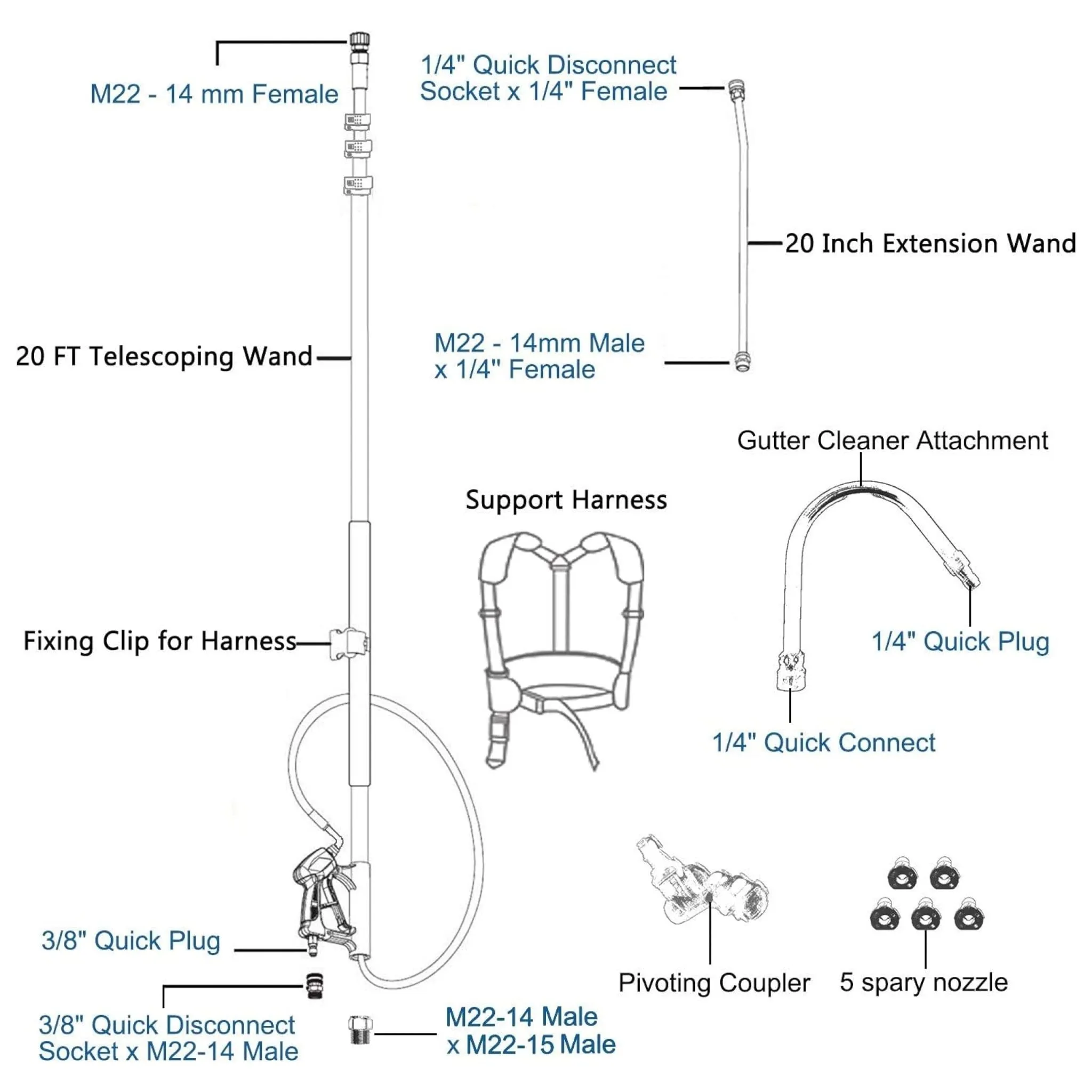 Telescoping Pressure Washer 7.3m Pole with Harness