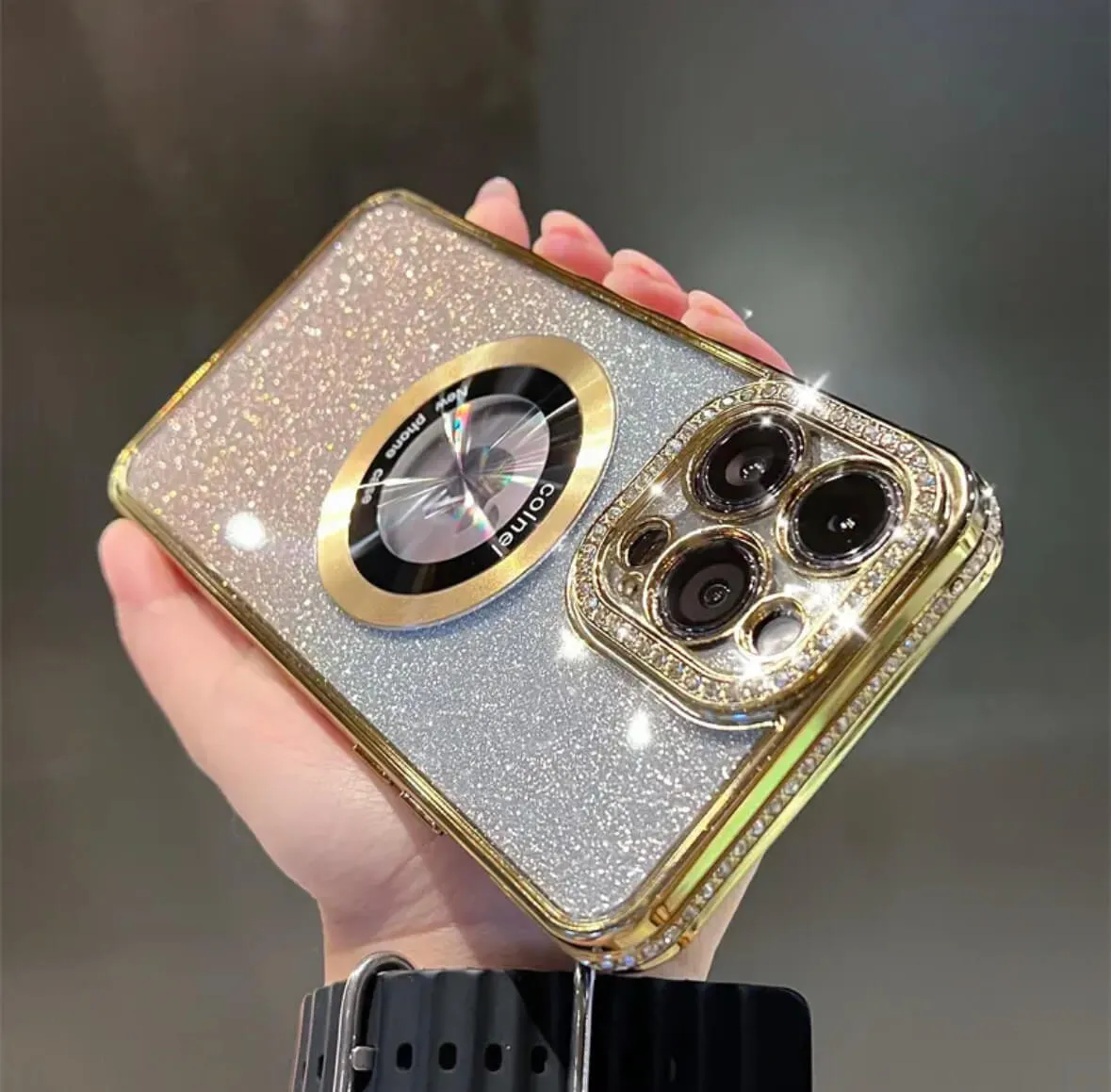 Transparent, glittering diamonds, electroplated logoview MagSafe Phone Case