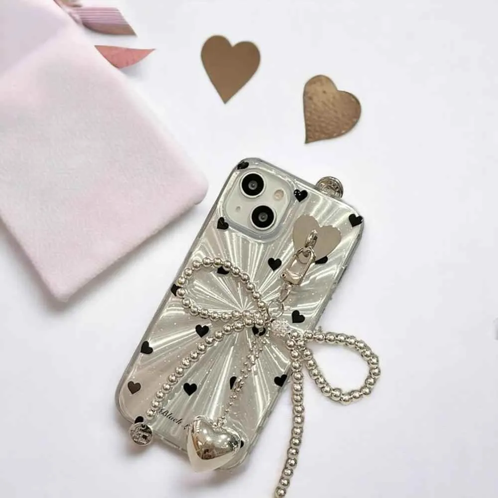 TSP4 Cute Phone Case For iPhone 15, 14, 13, 12 Pro Max, 11 - Laser Heart and Polka Dot Pattern and Bowknot Pendant