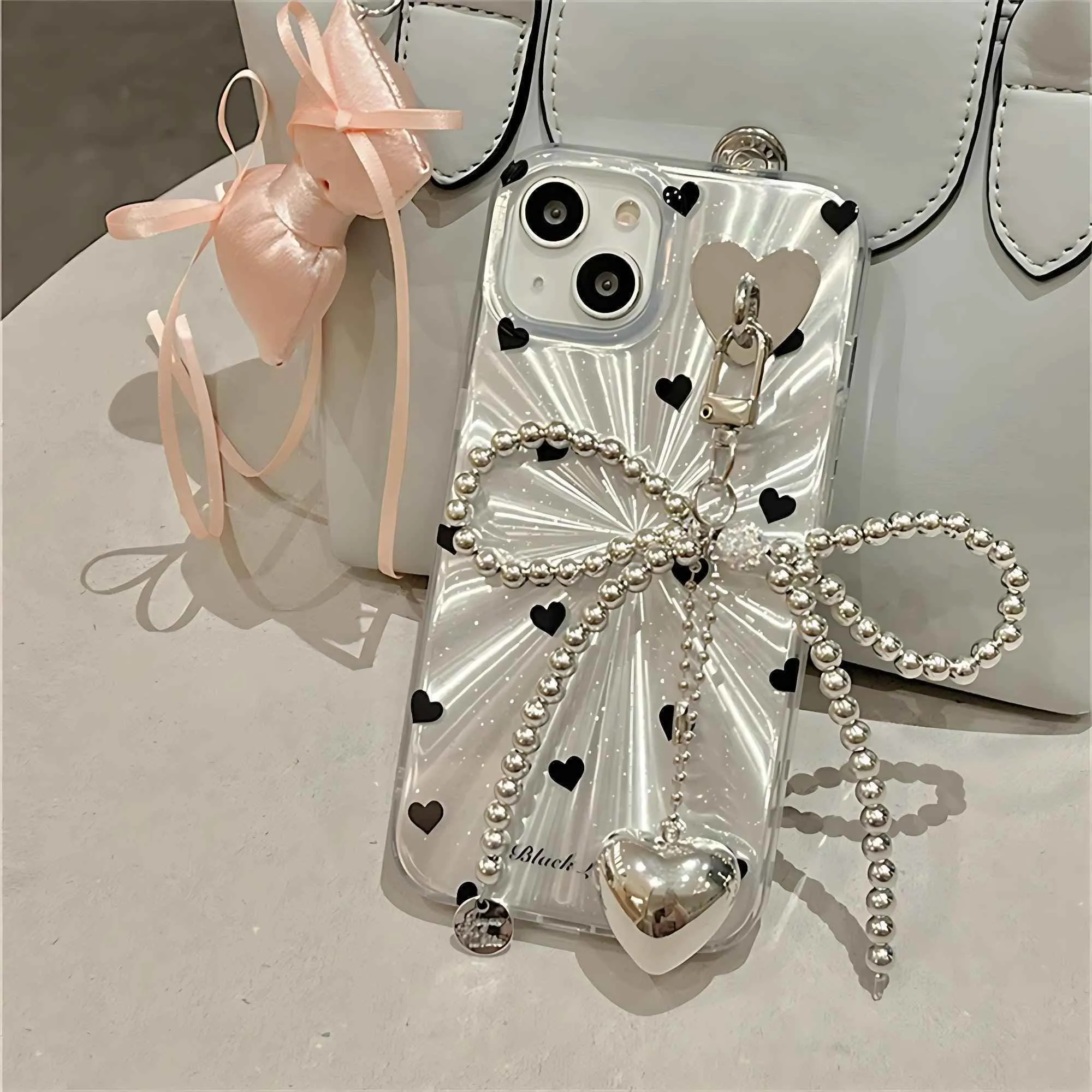 TSP4 Cute Phone Case For iPhone 15, 14, 13, 12 Pro Max, 11 - Laser Heart and Polka Dot Pattern and Bowknot Pendant