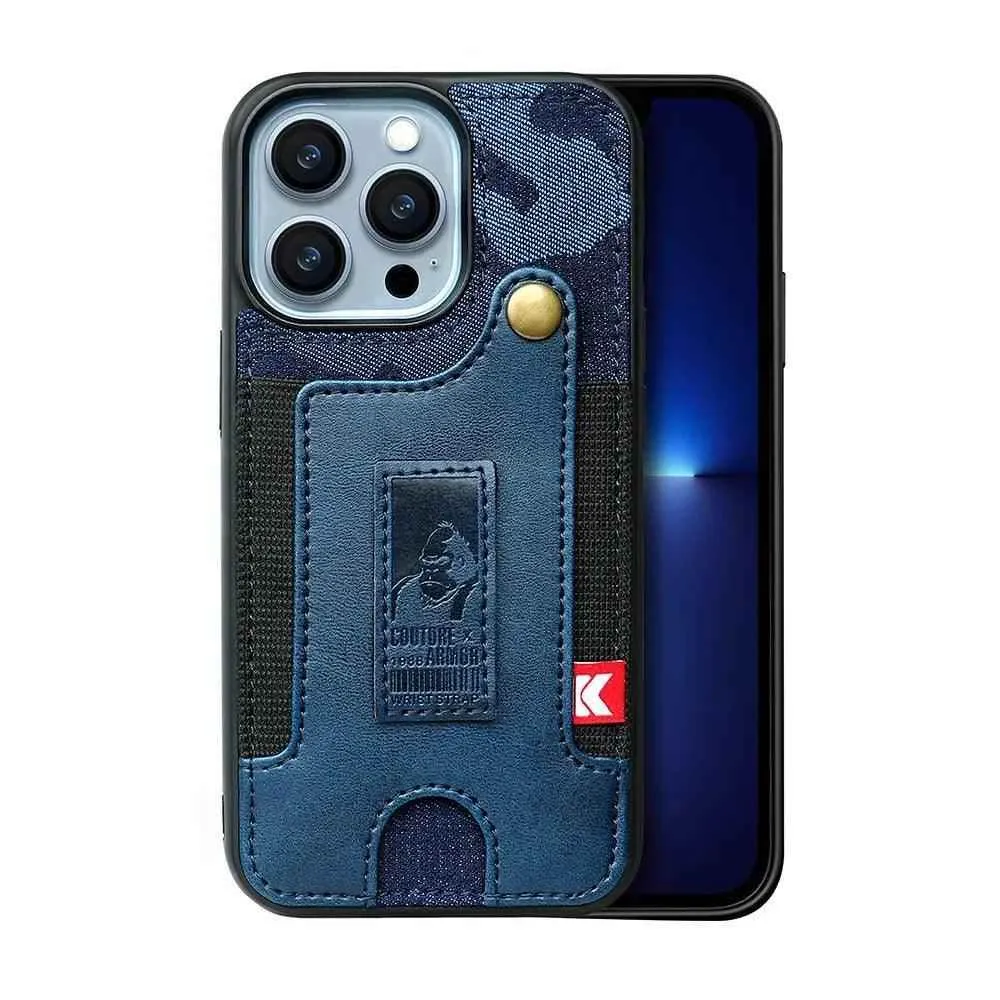 TSP81 Cute Phone Cases For iPhone 14 Pro Max, 13, and 12 Plus - With Card Pocket and Finger Holder - Denim Cover