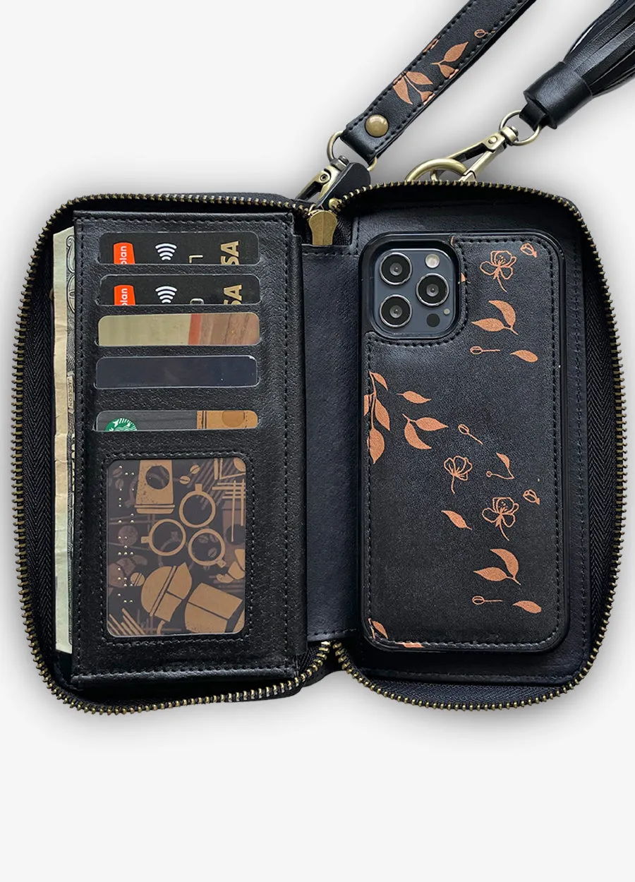 Ultimate Wristlet Phone Case in Black & Bronze Leaves